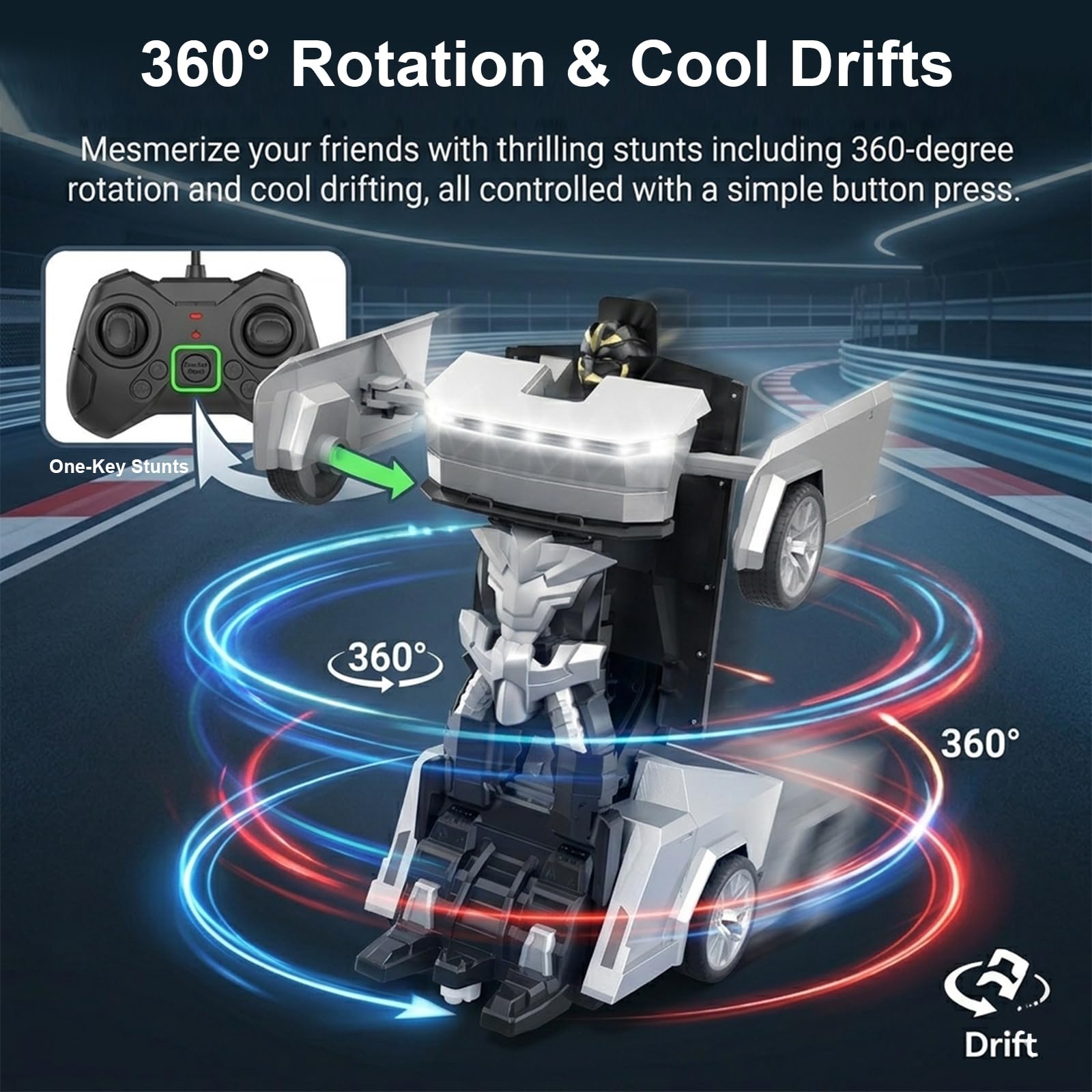 Coche Teledirigido 2-en-1 Transformable Robot – Deformación Automática, Rotación 360° Deriva, Tecnología 2.4G Hz Multijugador, Efectos Luminosos, Recargable