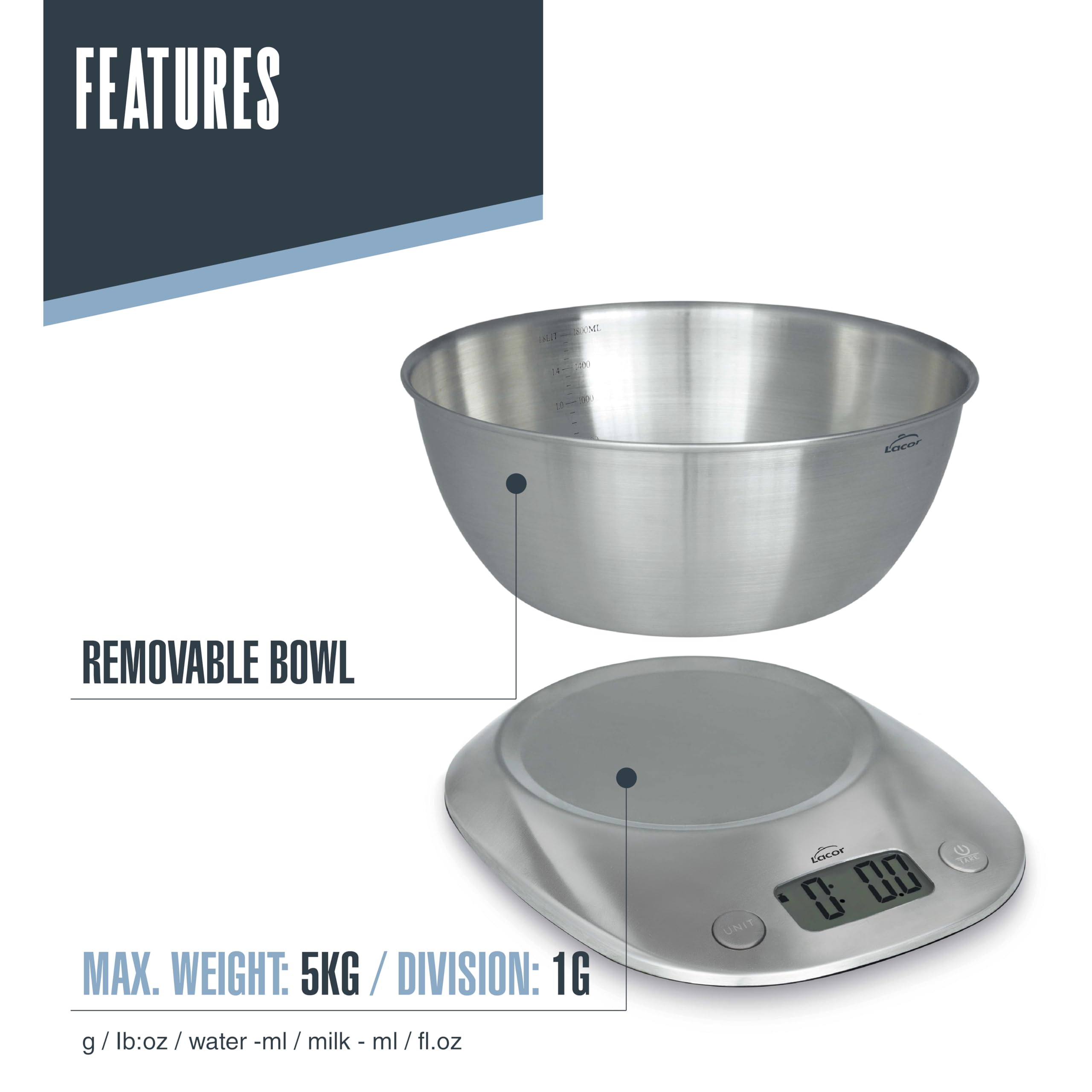 Lacor - 61727 - Bilancia Digitale, Alta Precisione, Ciotola Estraibile, Acciaio Inox, Display LCD, Funzione TARA, 1.8 L
