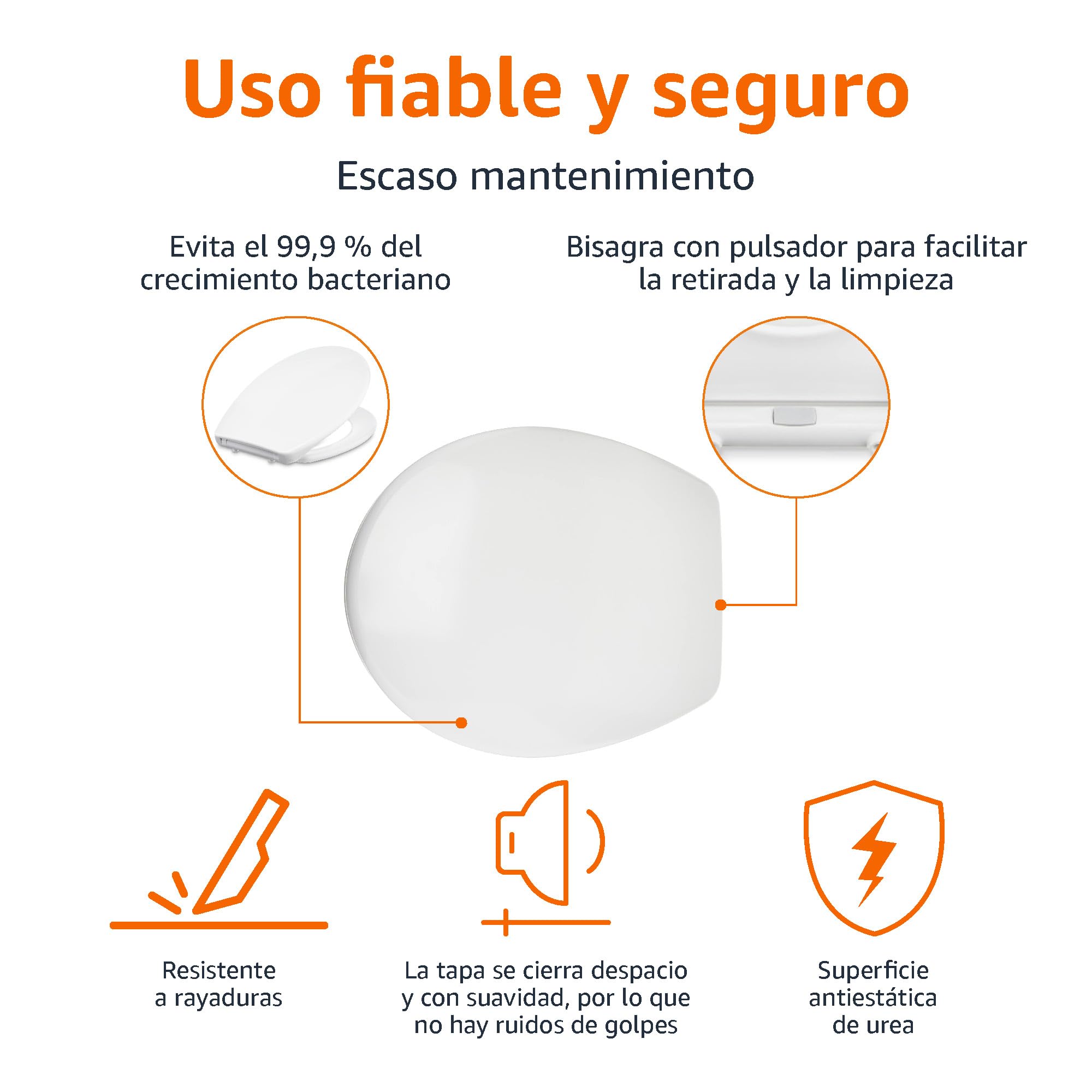 Amazon Basics Ovalado Asiento de inodoro de cierre suave, resistente, de liberación rápida, material de urea, tamaño universal, 37 x 42.5 cm, Blanco