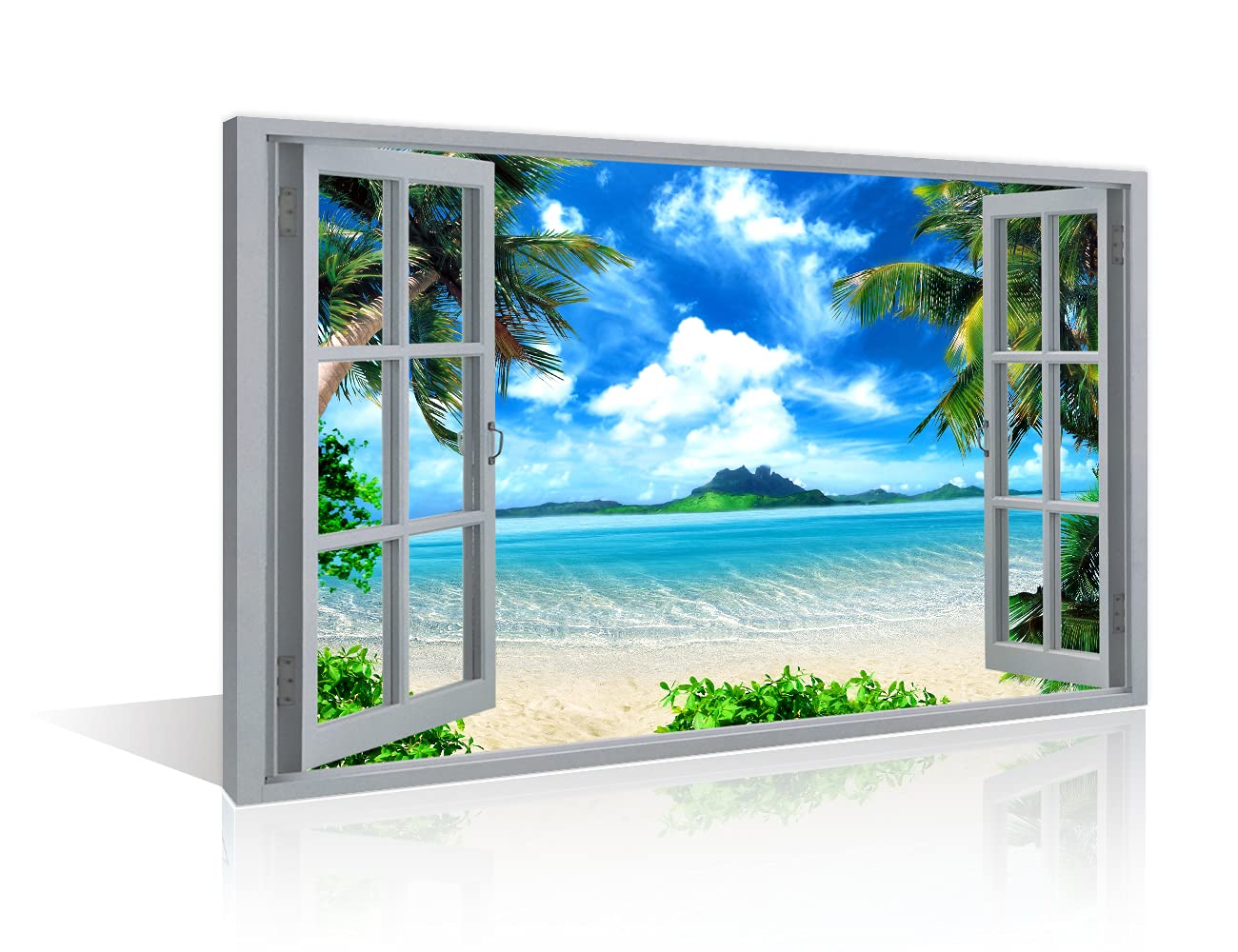 TISHIRON 3D Window Beach View Effect Wall Decorations For Home Modern Decor Painting Pictures Print On Canvas Wall Art Wooden Frame Ready To Hang(18X12in)