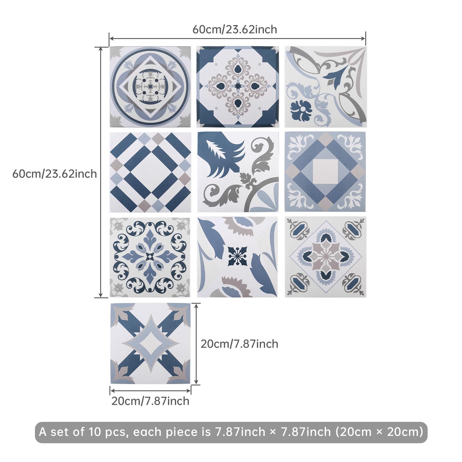 Tile Stickers Peel and Stick 7.87inch*7.87inch, PNXKTXO 10pcs Self Adhesive Backsplash Decorative Wall Stickers Removable Stick on Tiles Home Decor (Light Blue)
