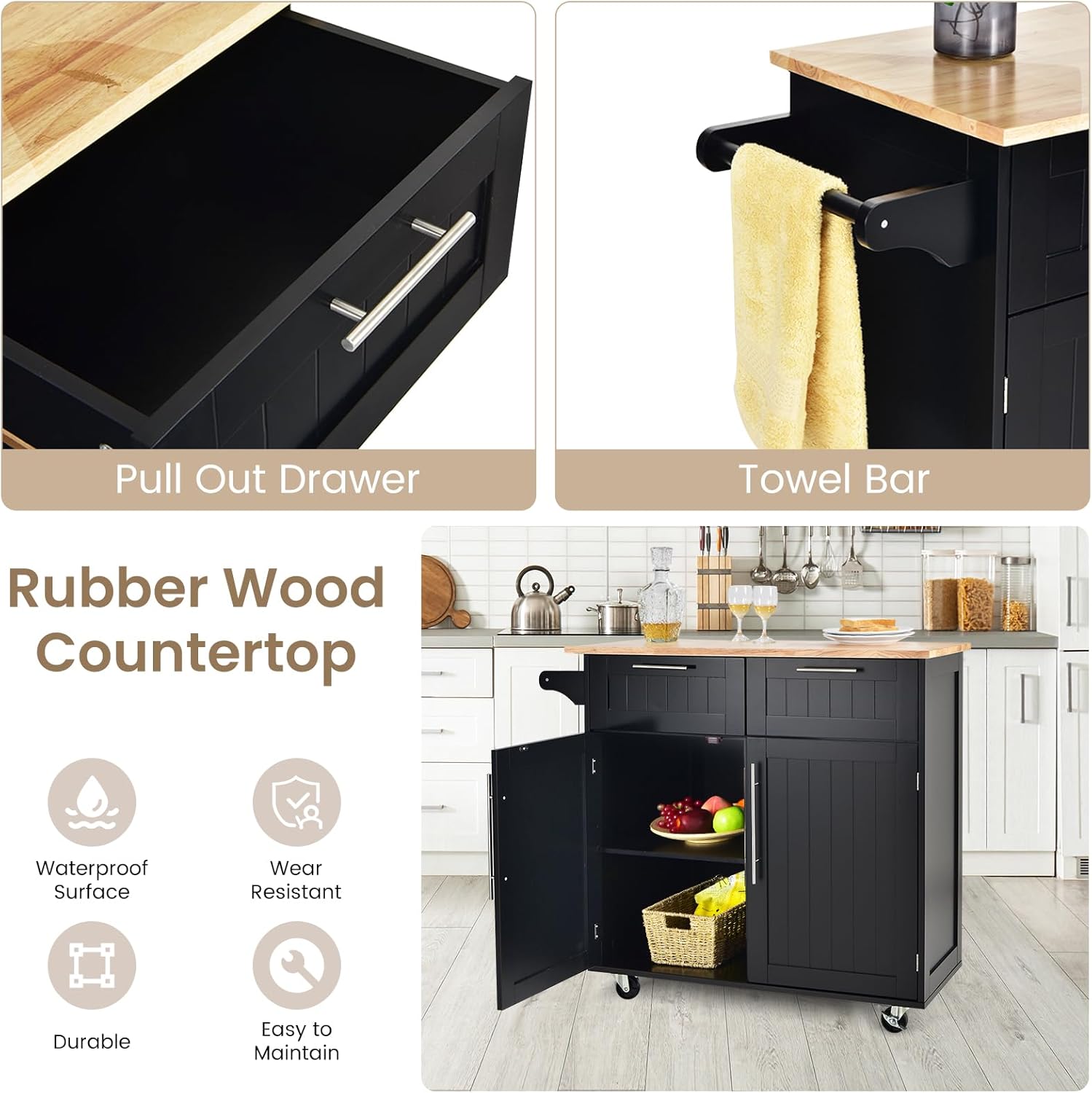 Kitchen Island with Storage, Mobile Kitchen Trolley Cart with Wheels, Rubber Wood Top, Adjustable Shelves, Towel Rack & Drawers, Rolling Kitchen Island Cart, 37" L x 18" W x 37" H (Black)