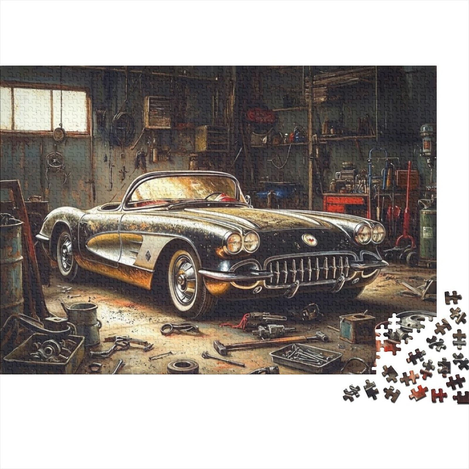 Classic Vintage Sports Car Garage 1000 Piece Jigsaw Puzzle Paper Adult Relax — image 1