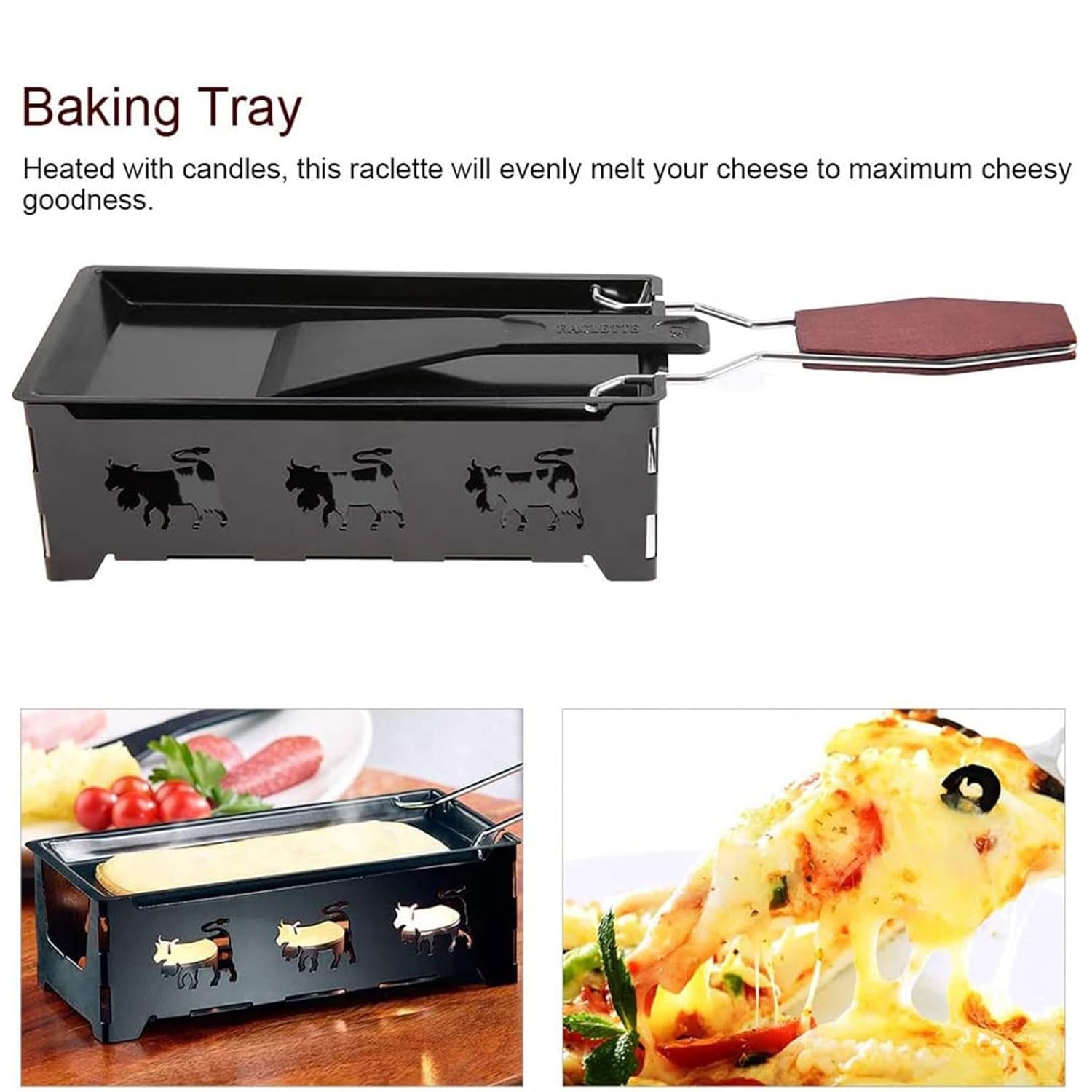 Raclette grill nieprzywierający do topienia sera, profesjonalna forma do topienia sera z szpatułką, obrotowa blacha do pieczenia ze składanym drewnianym uchwytem do sera, mięsa, ryb, warzyw