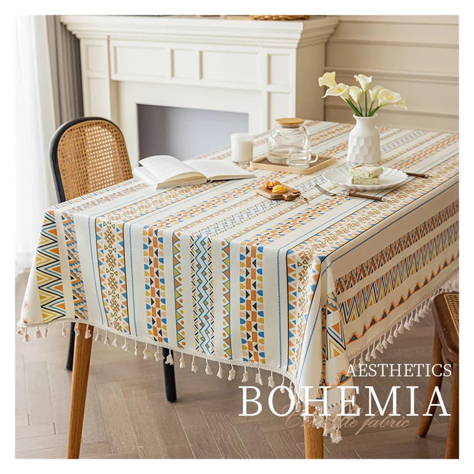 Mantel impermeable, tela de algodón y lino resistente al aceite, diseño étnico rectangular con borlas, perfecto para casas de familia, 120 x 160 cm