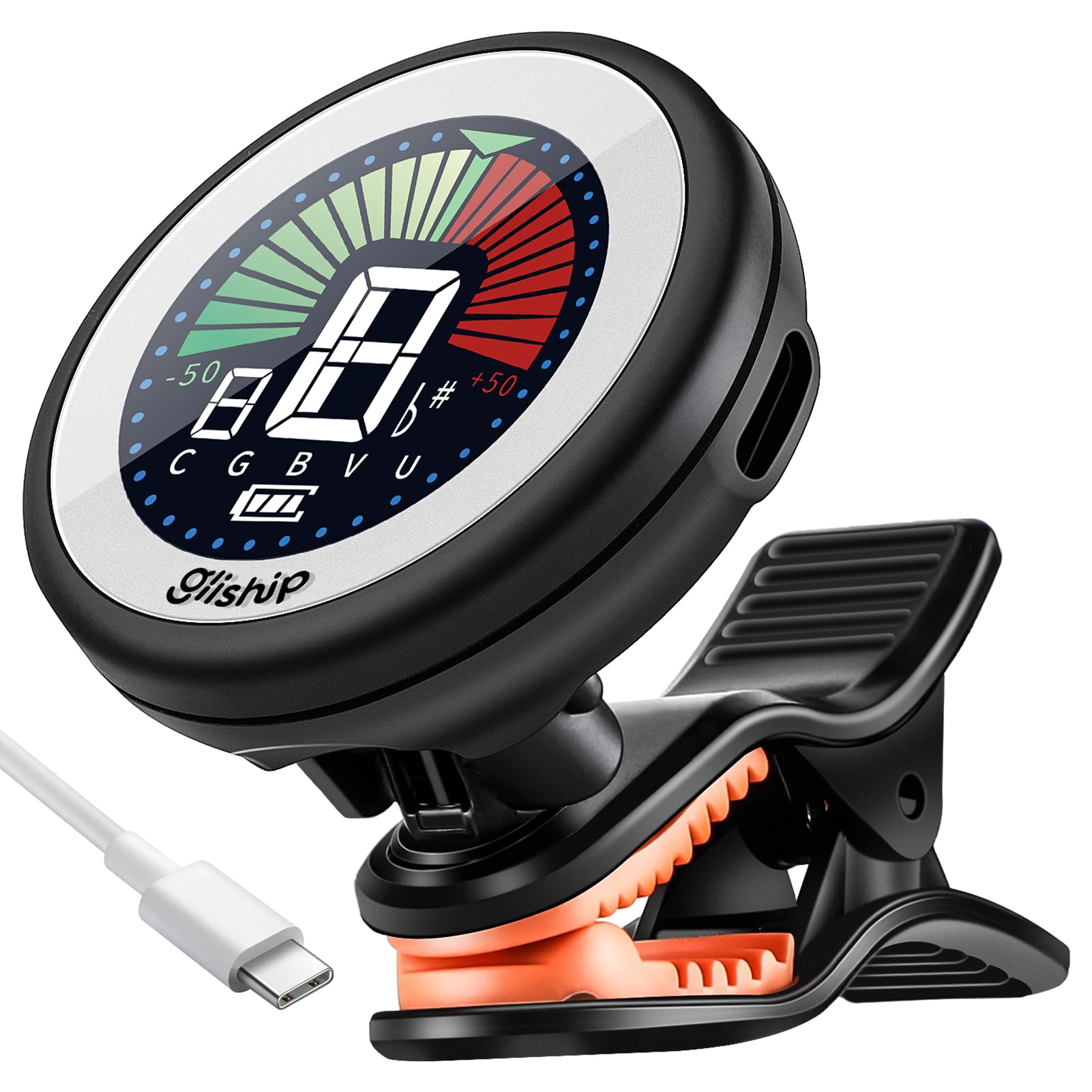 Guitar Tuner Clip On, gliship Electric Guitar Tuner Violin Ukulele Bass Chromatic, Clip On Tuner Rechargeable with Color Display for Acoustic Guitar Tuner Quick Accurate for Professional Beginners