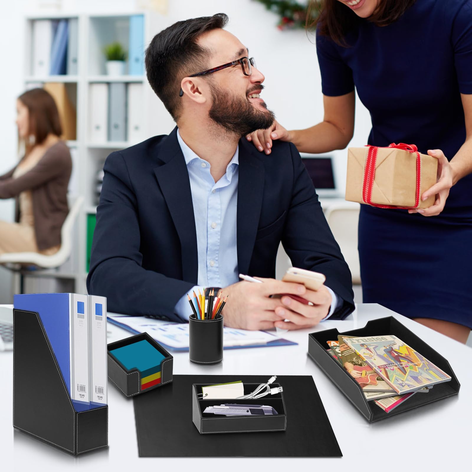 Büro Schreibtisch-Organizer,Luxus Leder Geschenk 6-teilig,inkl Schreibtischunterlage,A4 Leder Briefablage,Stiftebecher,Zeitschriftenhalter,Postfach,Nachrichtenfach,Schwarz