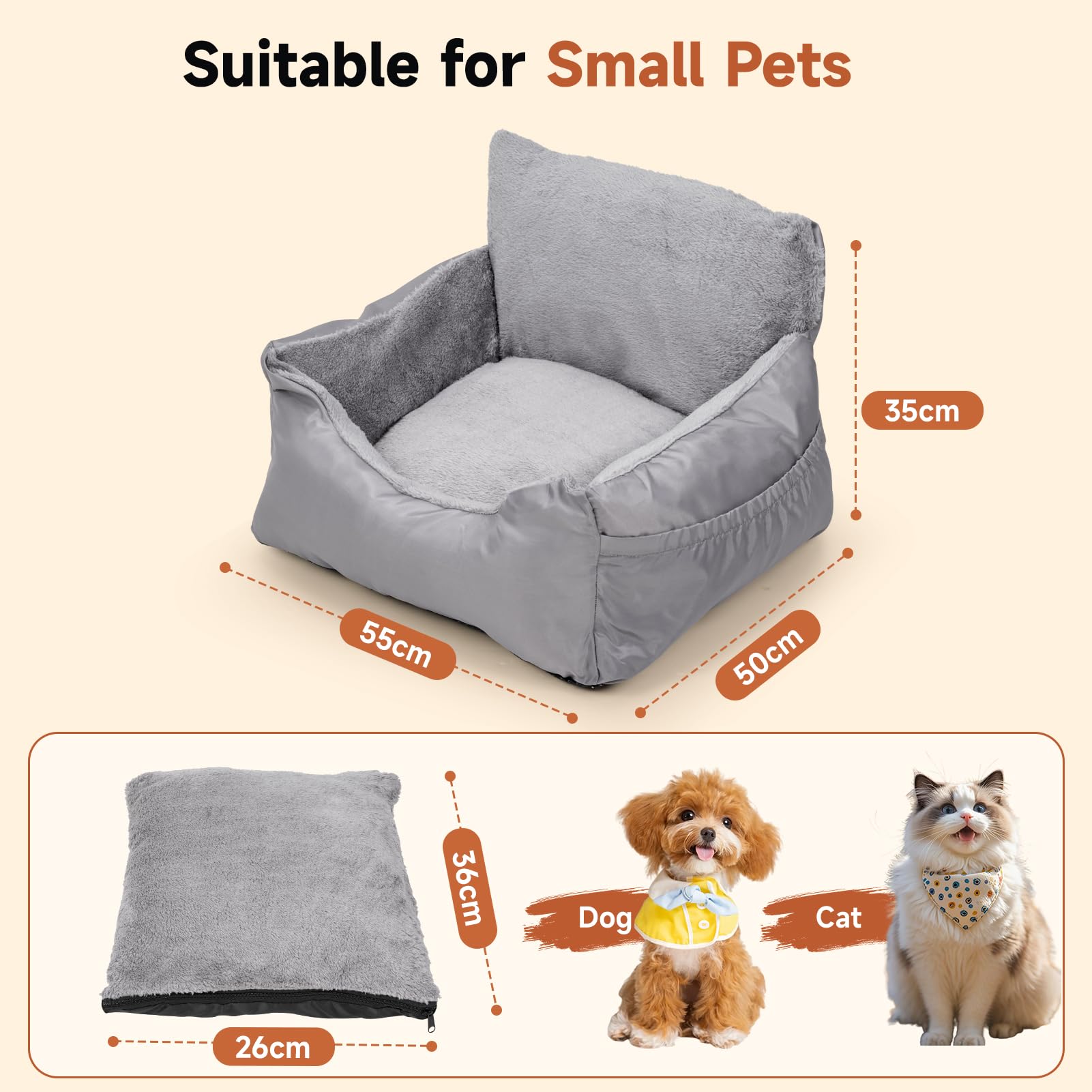 The Fellie Siège auto pour chiens de petite taille, siège rehausseur de voiture imperméable avec laisse de sécurité, lit de voyage confortable pour animal domestique avec poche de rangement et base