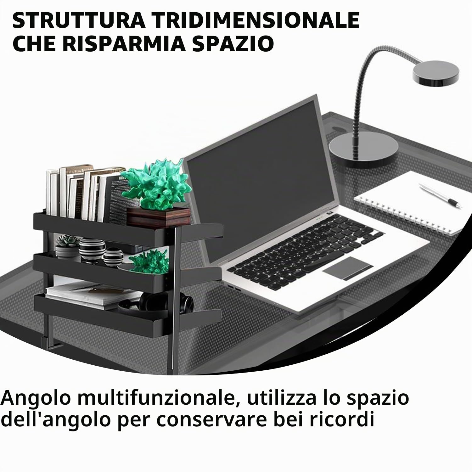 Mensola da scrivania con morsetto, colore nero, a 3 ripiani, per scrivania e ufficio, scuola, 44 x 22 x 39 cm