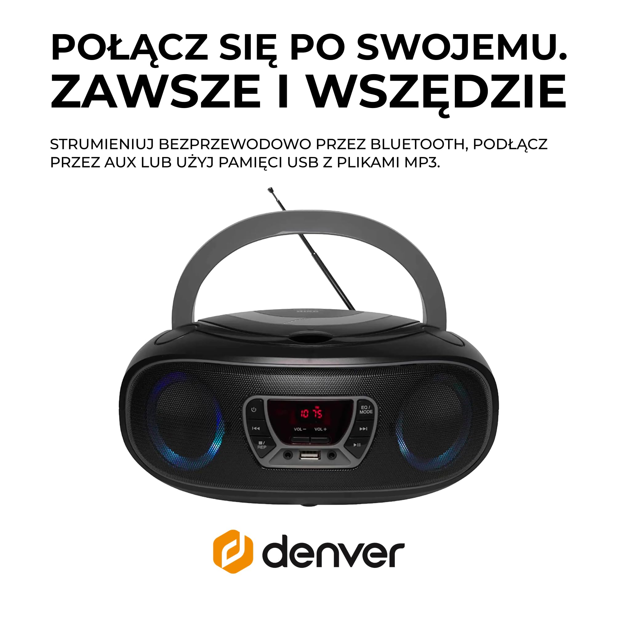 Denver TCL212BT radio z Bluetooth, radio Bluetooth z efektami świetlnymi, przenośny odtwarzacz CD, AUX, USB, kolor szary, czarny
