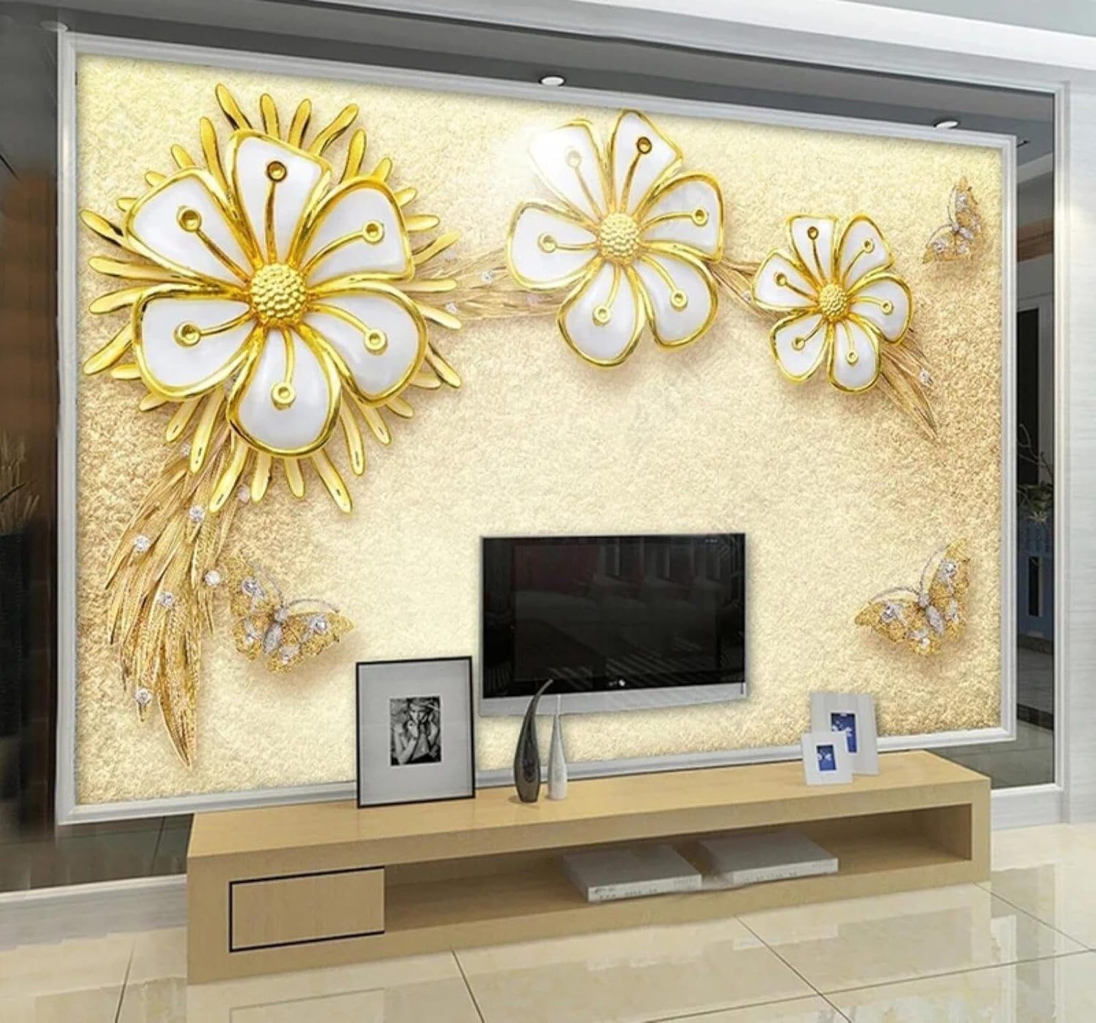 Tzxztt Luxury Diamonds Gold Flowers Butterflies Modern 3D Wallpaper Premium Textured Silk Neutral Tones Material Ideal for Living Room Bedroom-400cm×280cm