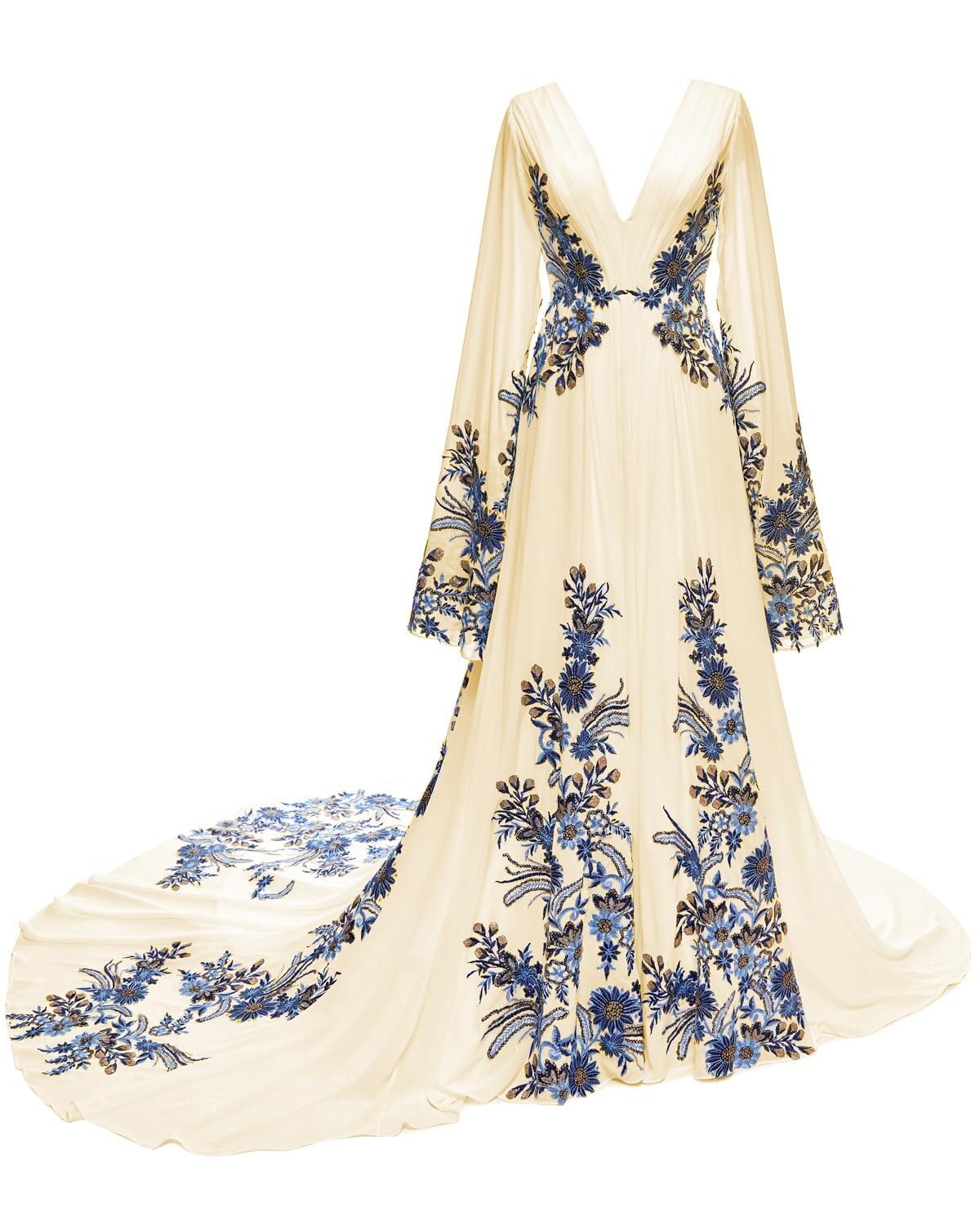 Boho Long Sleeve Wedding Dresses for Bride Blue Floral Embroidered Chiffon V Neck Maxi Bridal Gowns with Train