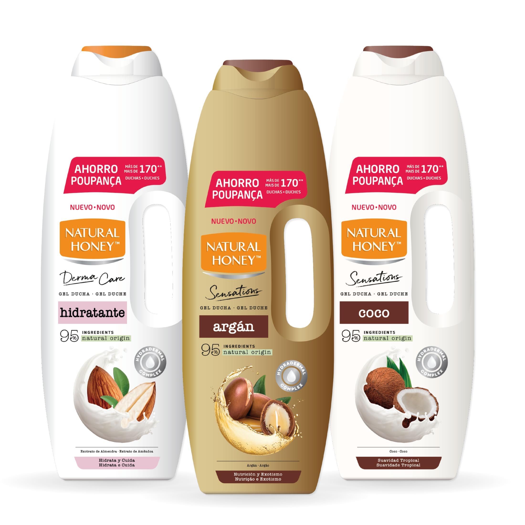 Natural Honey, Gel de Ducha Hidratante con Extracto de Almendras y Hydradermal Complex, Hidratación Intensa y Duradera para una Piel Suave, Fresca y Protegida, Línea Derma Care, 1350 ml