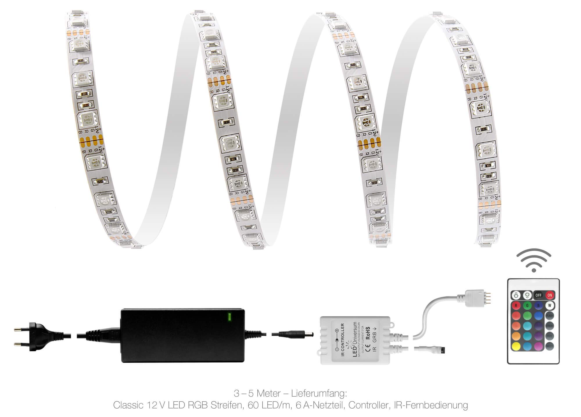 4 meter RGB LED Strip Set (60 LED/m, IP20), con controller, telecomando a 24 tasti e 6 a Adattatore