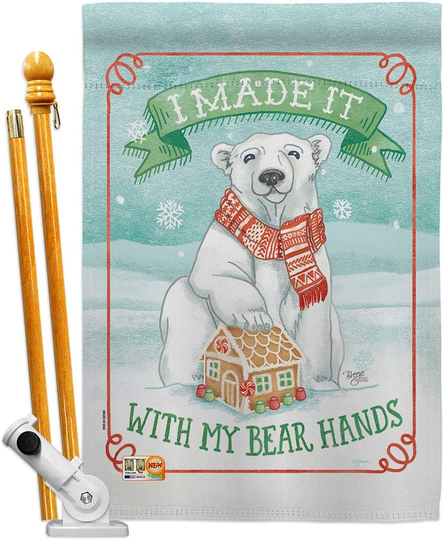My Bear Hands House Flag Dowel Set Wintertime Winter Wonderland Snowflake Snowman Ice Skate Season Snow Small Decorative Gift Yard Banner Made In USA 28 X 40
