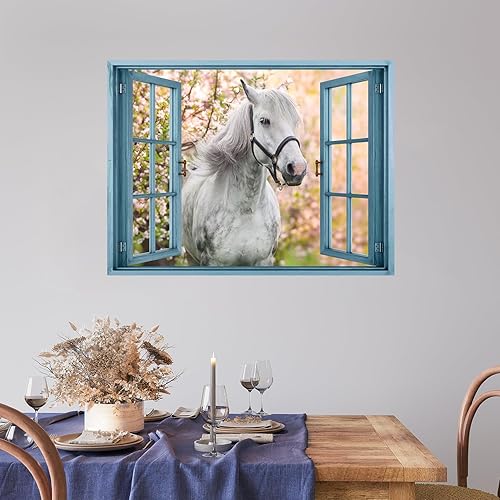 wall26 Adhesivo de pared extraíblemural de pared, vista de ventana, majestuoso semental blanco, caballo, bosque, animales, fotografía de naturaleza,