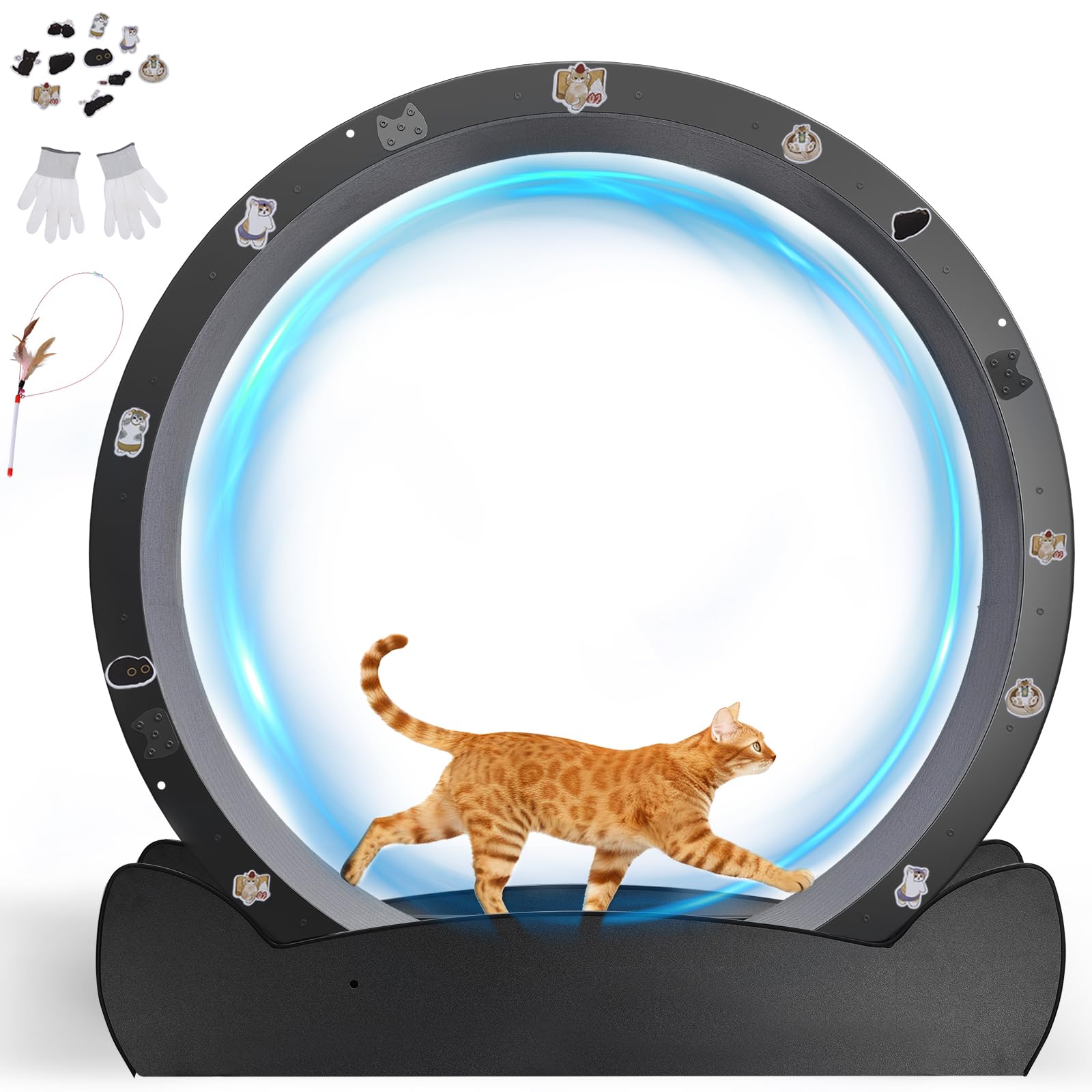 GTPLAYER Katzenlaufrad, laufrad Katze, Extra großer 100 cm, ultraleises Laufrad mit Abnehmbarer Teppich und Spielzeug, Aufkleber, Verriegelung, geeignet für die meisten Katzen, Metall, Schwarzen Ohren