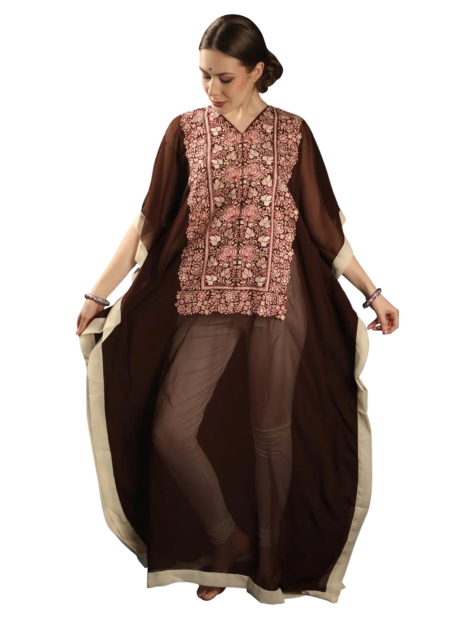 Georgette Kashmiri Long Kaftan with Floral Aari Embroidery Brown Stone, Brown Stone, One Size, Brown Stone, One Size-image-38