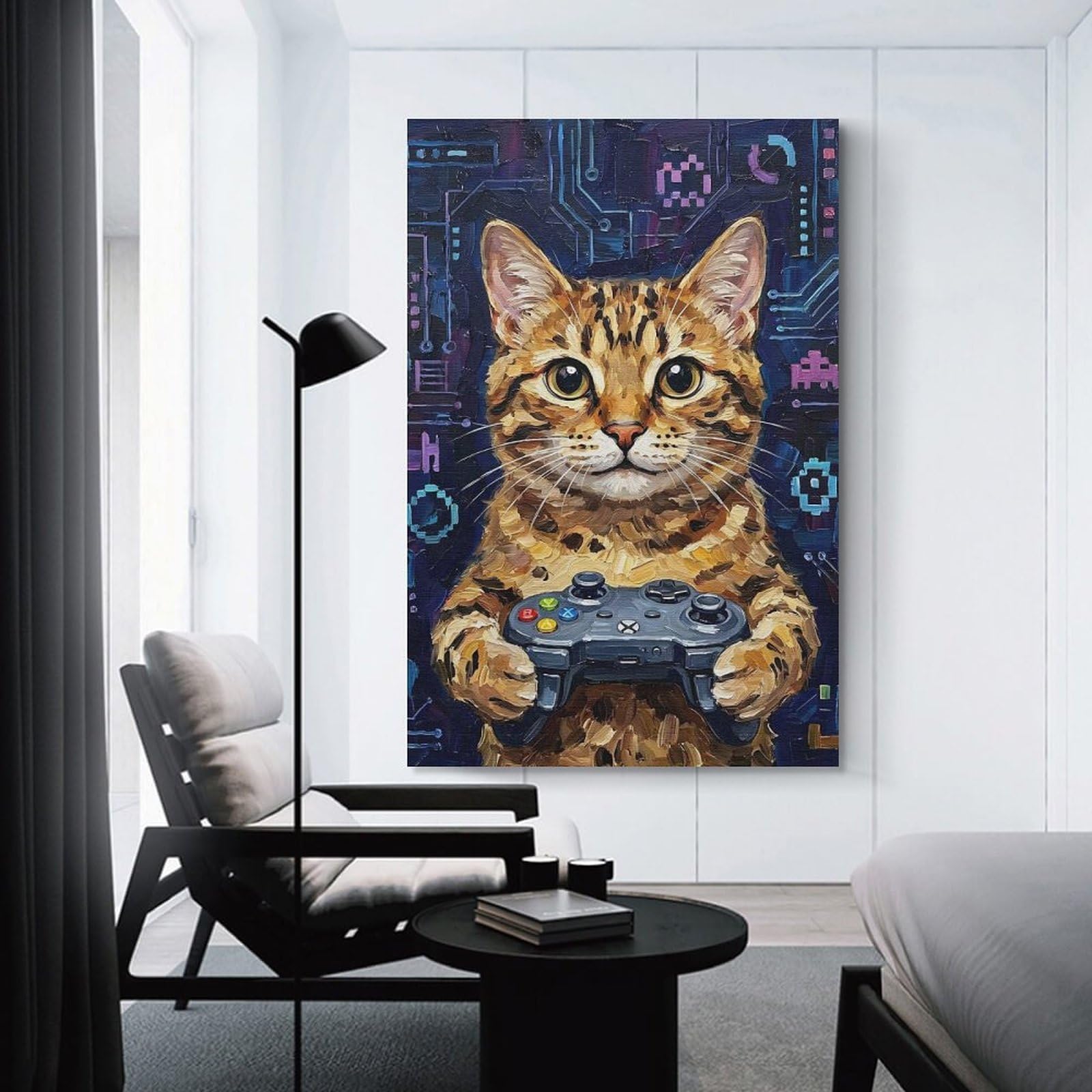 Junmoney Gamer Cat Painting Canvas Art Print, 20x30inch(50x75cm), for Office Decor, Home Working Or Creative Rooms, A Smart Decor Choice for Study Walls