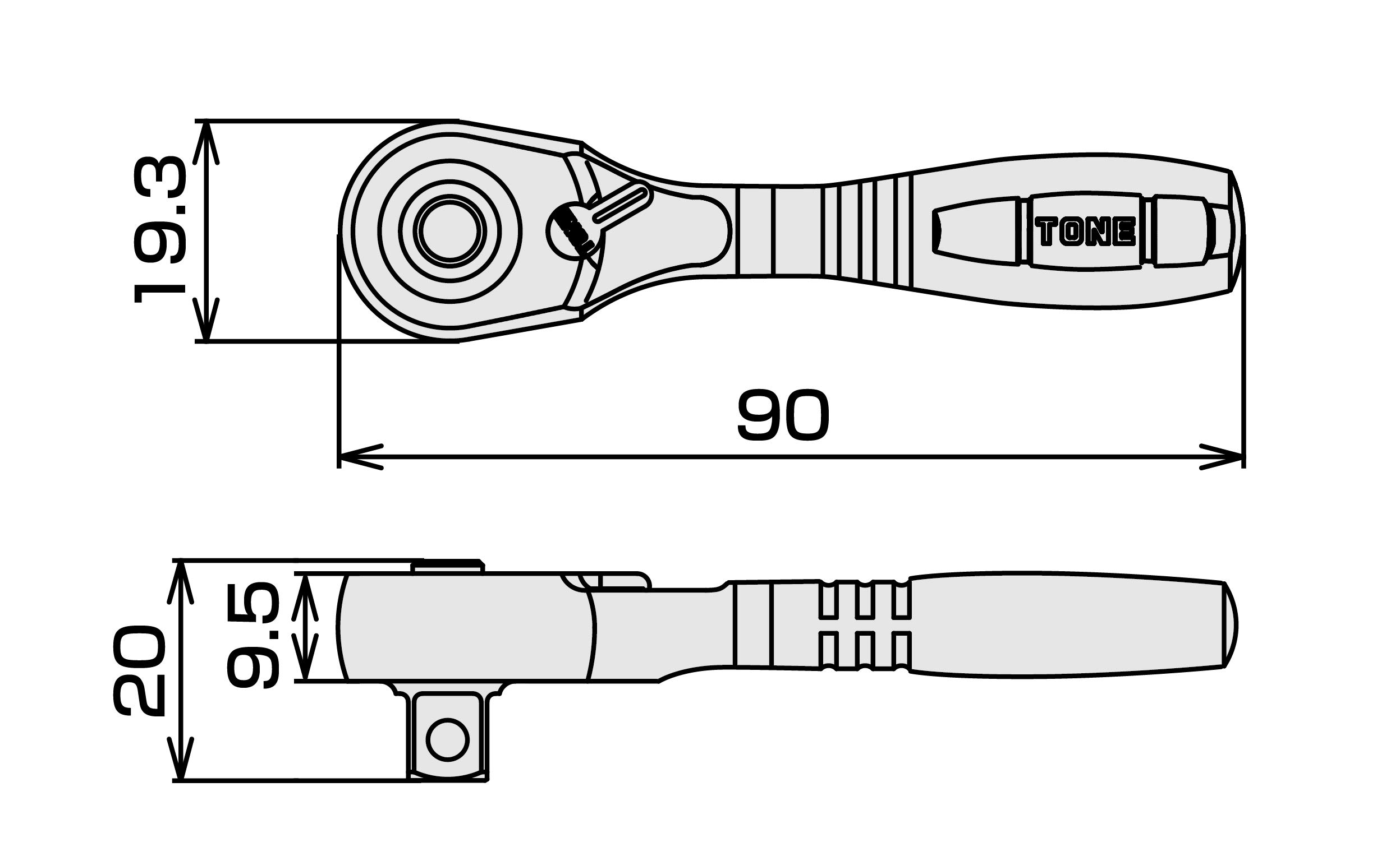 TONE RH2HS 1/4" Drive 72 zęby krótka grzechotka