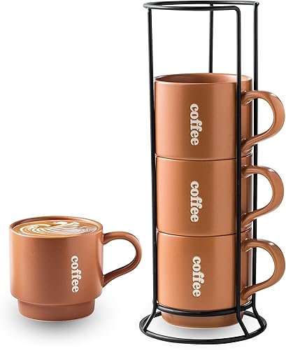 Tazas de café apilables con estante, juego de tazas de café de cerámica perfectas para café, té, cacao, leche como regalos de Navidad, juego de 4,