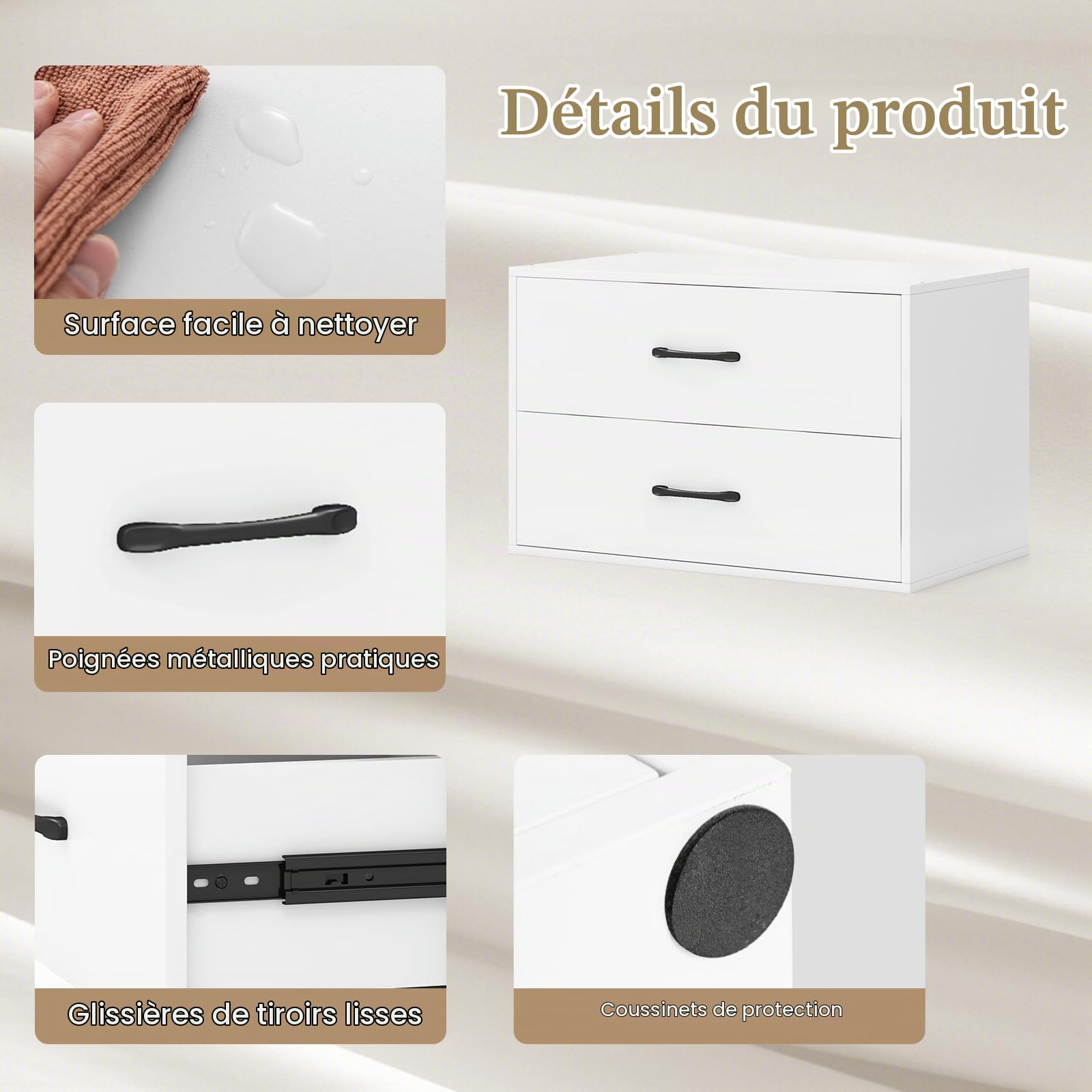 Giantex Commode Rangement Chambre 2 Tiroirs, Meuble de Rangement en Bois avec Kits Anti-Basculement, 4 Chevilles, Armoire de Rangement pour Chambre, 60 x 34 x 38 CM (Blanc)