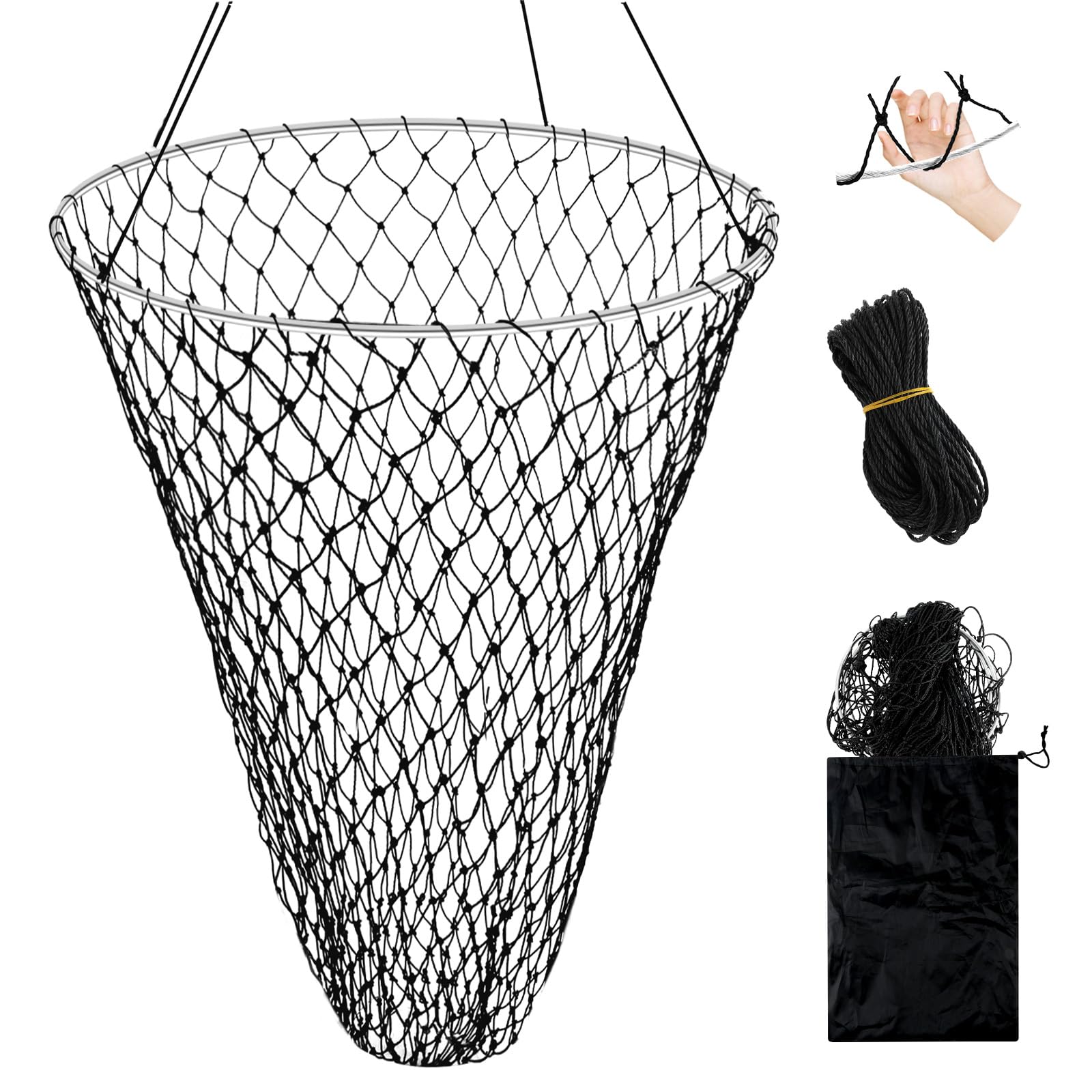 UNIFAMILY 35Inch Deepth Drop Net for Pier Fishing Foldable Pier Fishing Net Kit with 49.2 FT Rope Soft Steel Hoop for Minnows, Crawfish, Shrimp (W80cm)