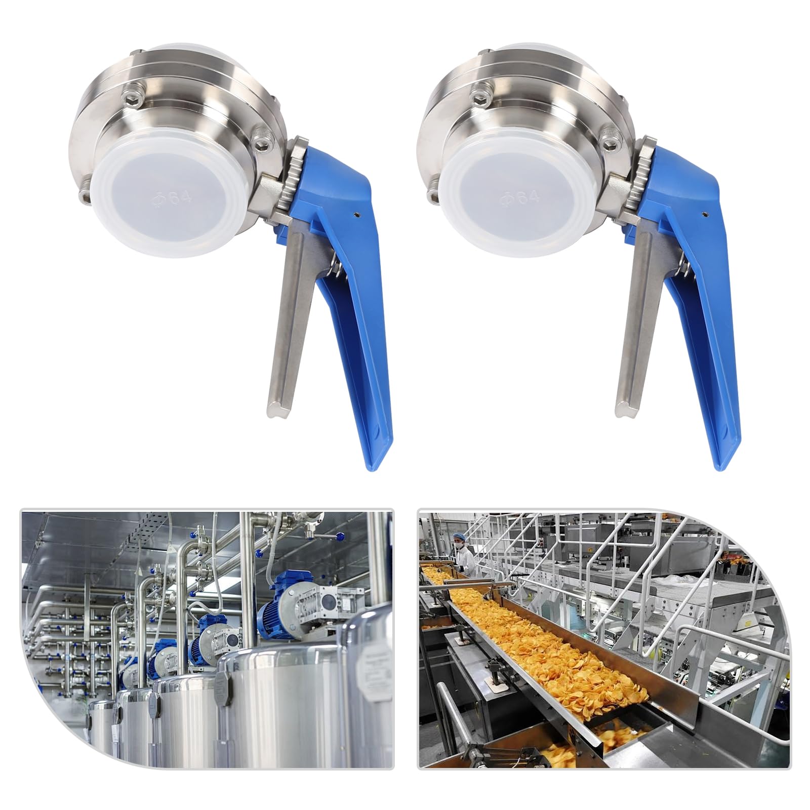 2 Pack Butterfly Valve with Blue Trigger Handle, 2 In Stainless Steel Tri Clamp Butterfly Valve with 8 Locking Positions, Portable Tri Clamp Clover