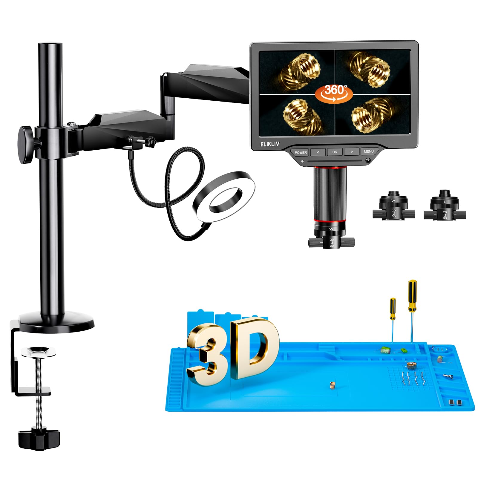 Elikliv EM3K-3D Max 3D Digitales Lötmikroskop mit Doppelobjektiv, 3K HDMI Flex arm Mikroskop für Erwachsene, 10.1'' Münzmikroskop mit Ringlicht, LCD Mikroskope, Microscope for Electronics Repair, 64G Elikliv EM3K-3D Max 3D Digitales Lötmikroskop mit Doppelobjektiv, 3K HDMI Flex arm Mikroskop für Erwachsene, 10.1'' Münzmikroskop mit Ringlicht, LCD Mikroskope, Microscope for Electronics Repair, 64G