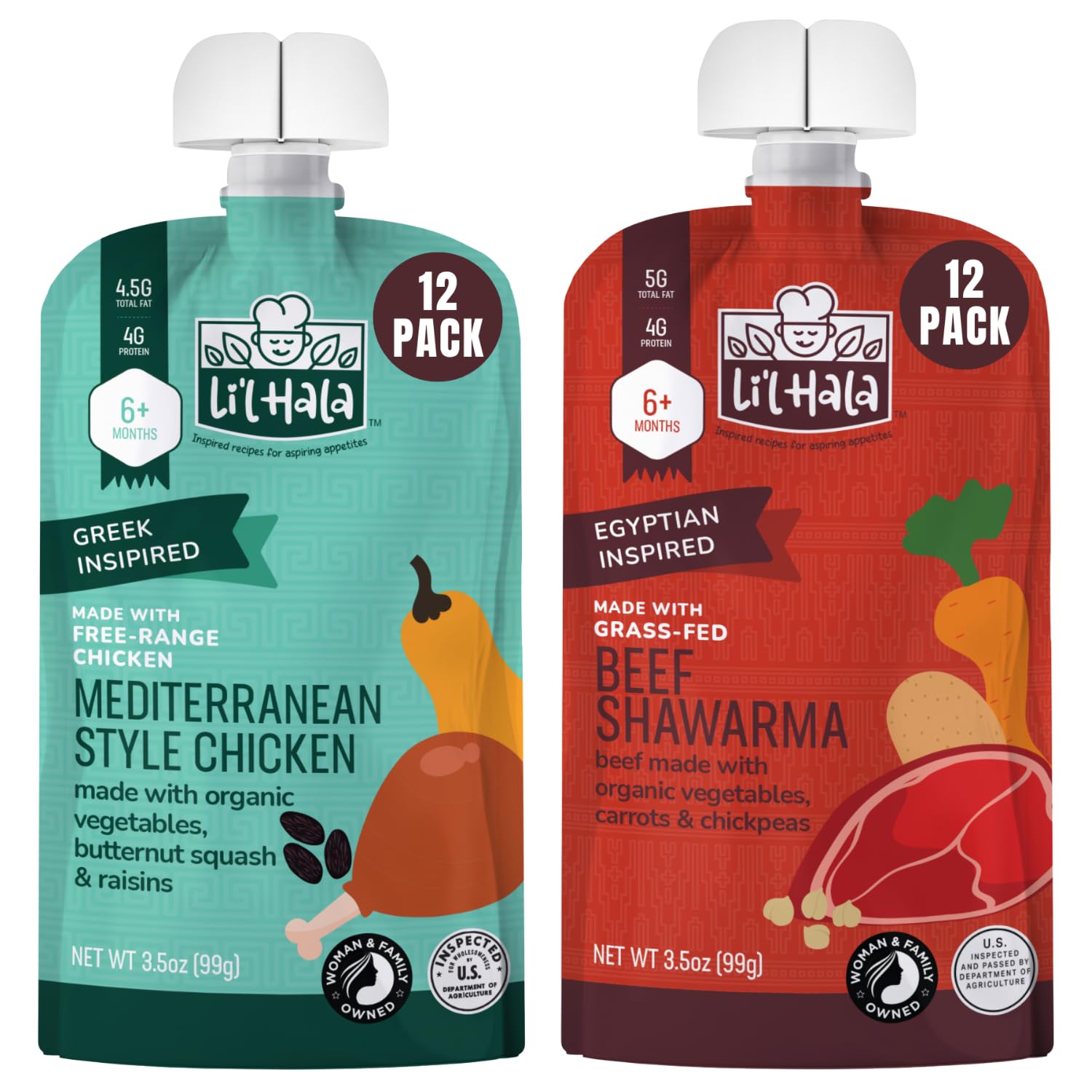 Li’l Hala Baby Food Pouches – 24 Total (2 Flavors) – Free-Range Chicken, Grass-Fed Beef & Organic Veggies – Protein & Healthy Fats – Toddler Meat Puree Meals for 6+ Months – No Hormones – 3.5 oz
