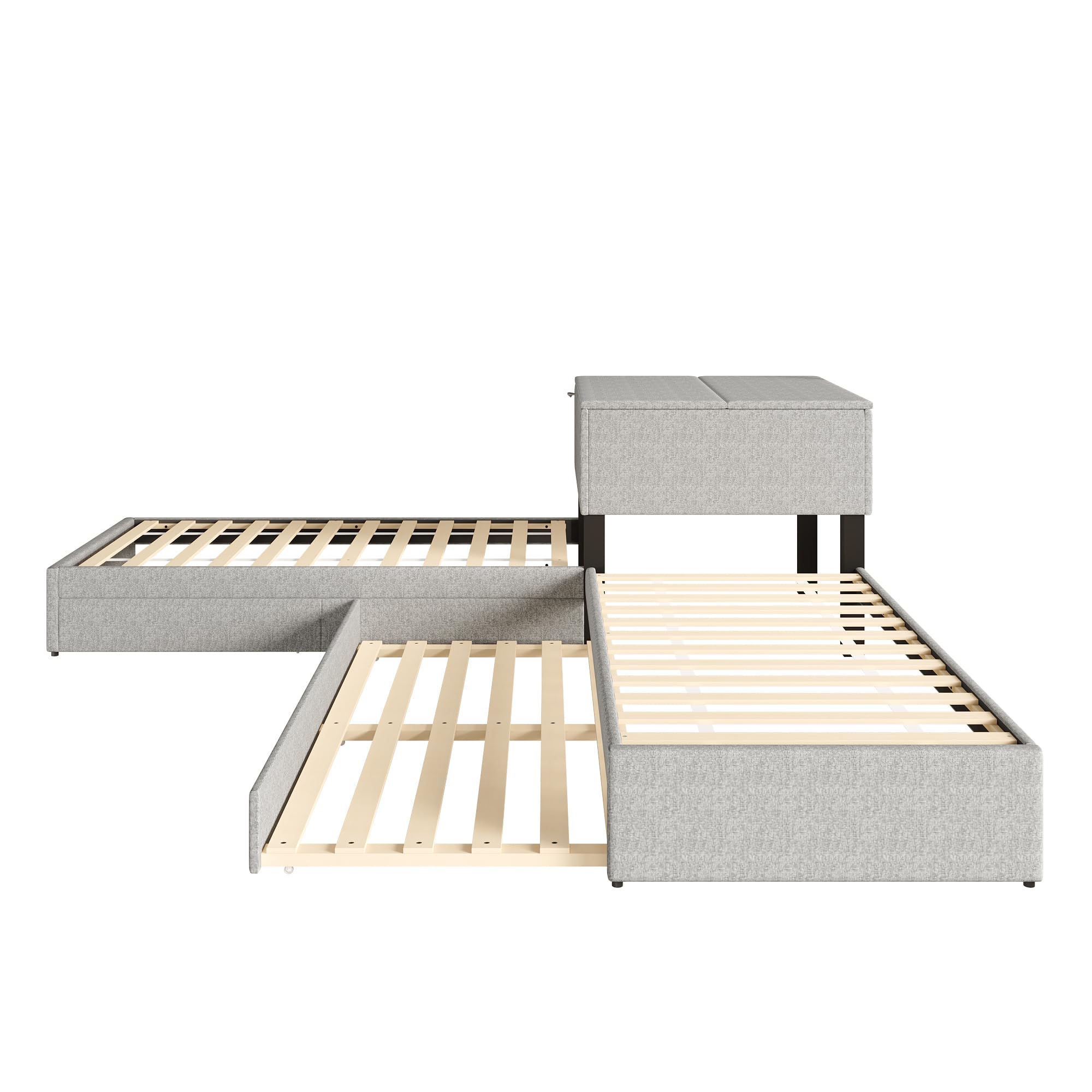 Cama esquinera, dos camas individuales con cama nido, cama tapizada, cama funcional con espacio de almacenamiento, con armario de almacenamiento, con cajón de almacenamiento, con cama nido (90 x 200
