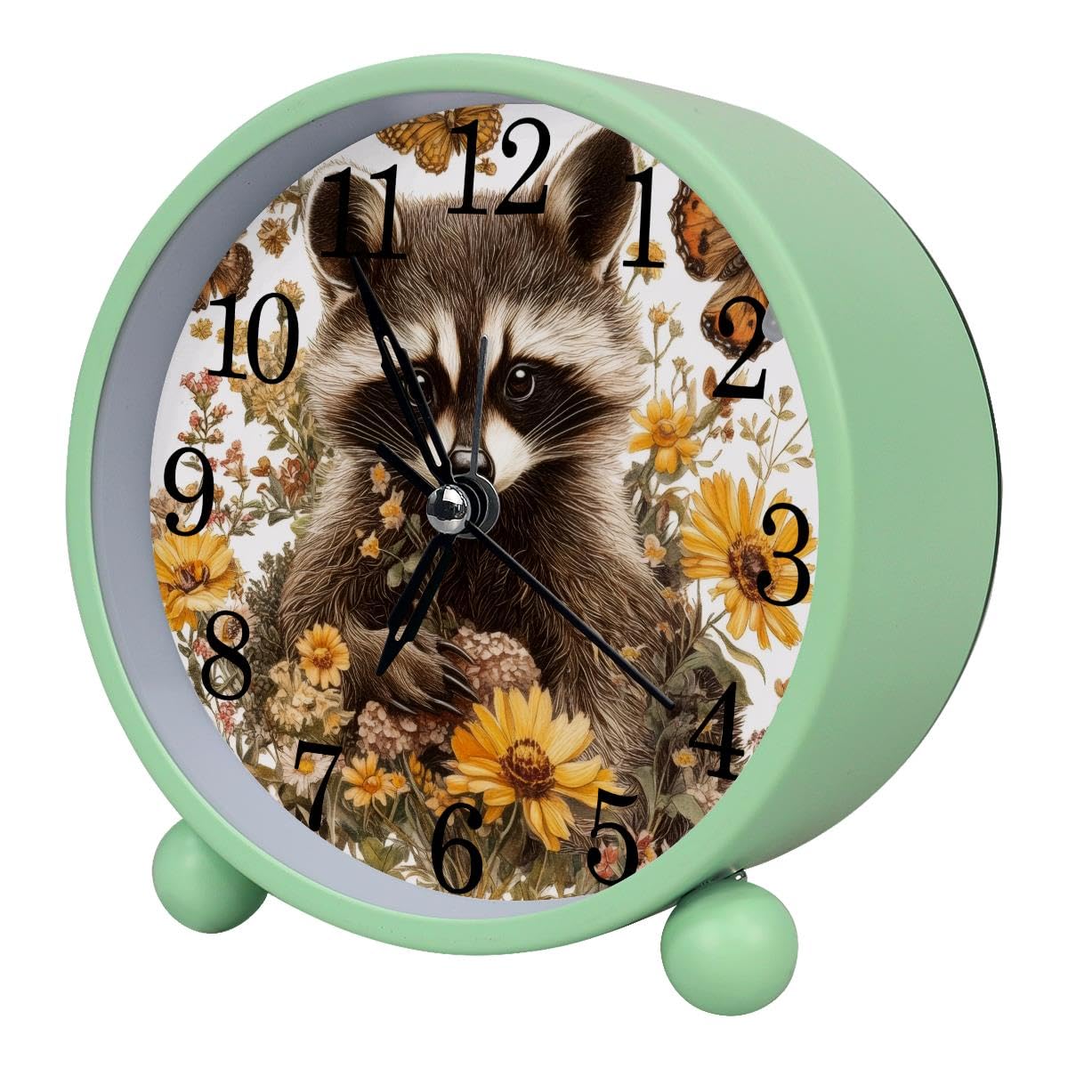 Luoweisi Alarm Clock Raccoon Butterfly Flower, Silent Non-Ticking with Night Light, Round Metal Alarm Clock for Office, Battery Operated, Bedroom, Elderly, Adults, Children, Student Gifts