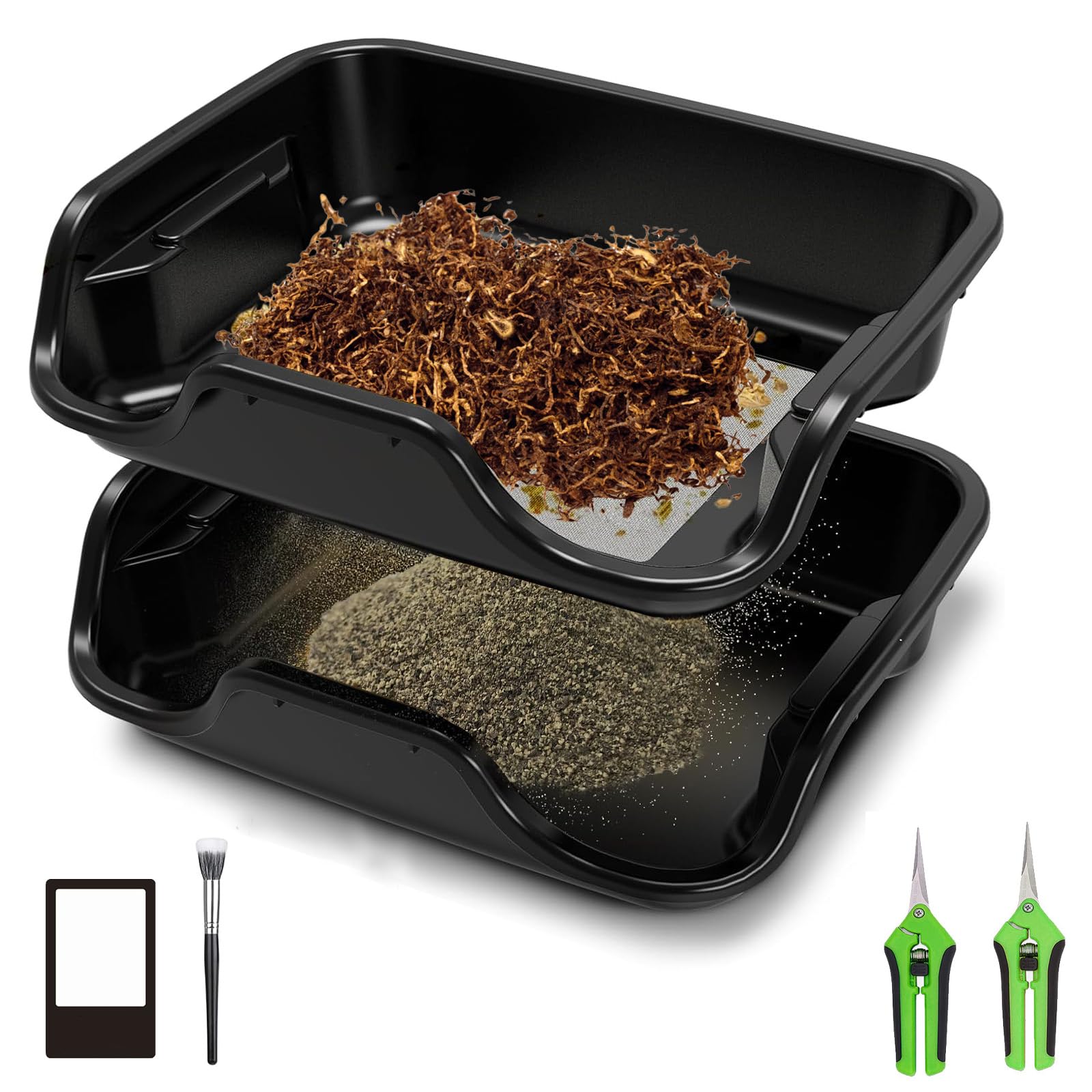 Premium Trim Bin Set mit 150 Mikron Pollensieb,Ergonomische Trimmschale & Trim Tray inkl,2 Scheren,Lupe & Bürste,Trimming Tray für Pollen and Herbs,Trimm Schale,Trimmschale mit Trimmscheren und Netz