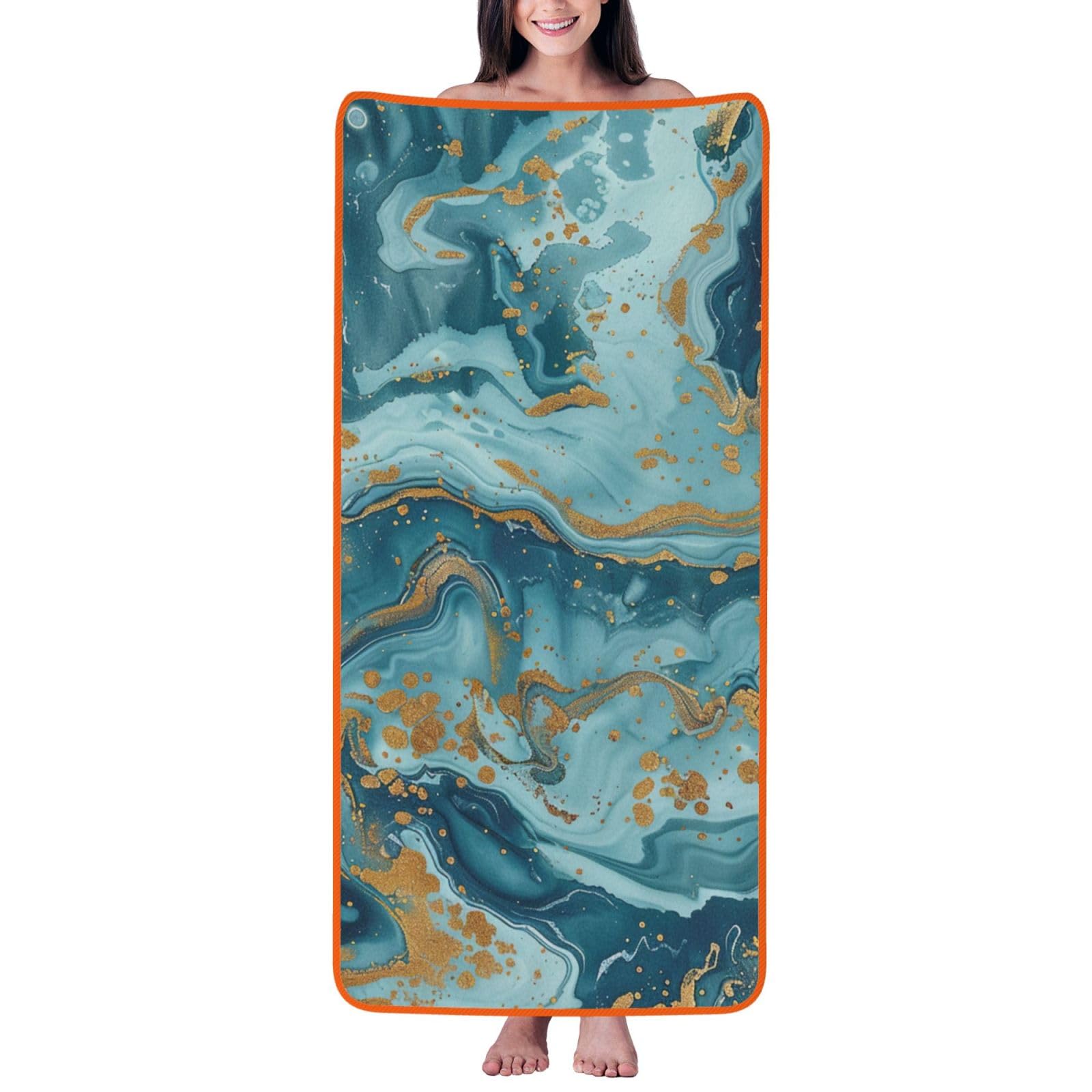 WPKJU Azurite Teal and Foil Gold Oil Marble Pattern Printed Bath Towel with Orange Edging - 27x55 in Soft Extra Absorbent Coral Velvet Shower Towels for Bathroom