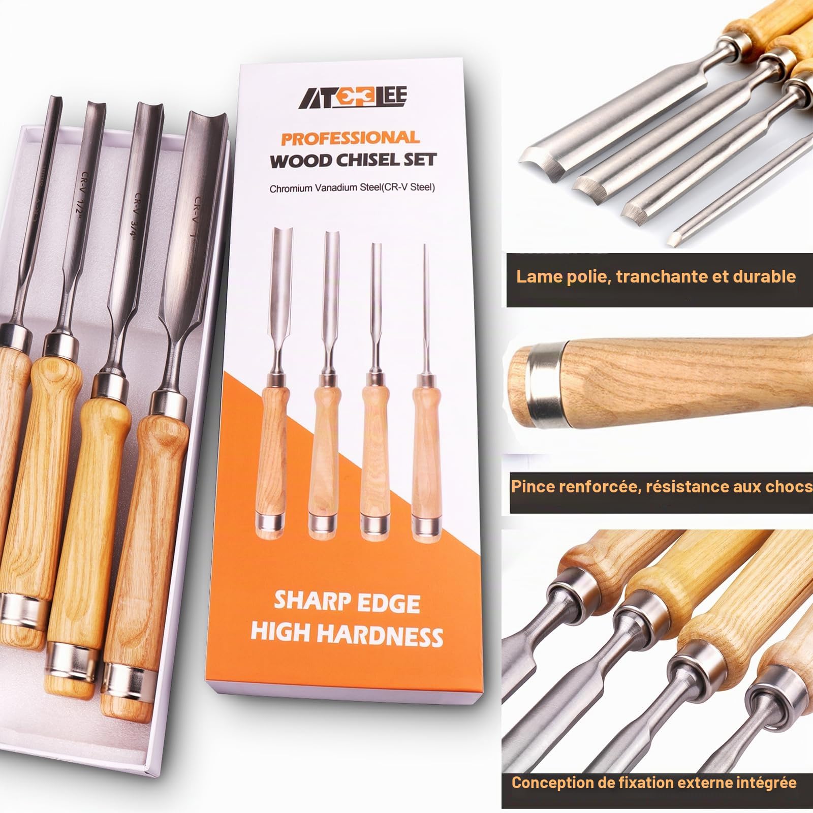 ATOPLEE Lot de 4 burins à bois professionnels CR-V lame semi-circulaire millimètre 8/12/18/25 mm outil de charpentier