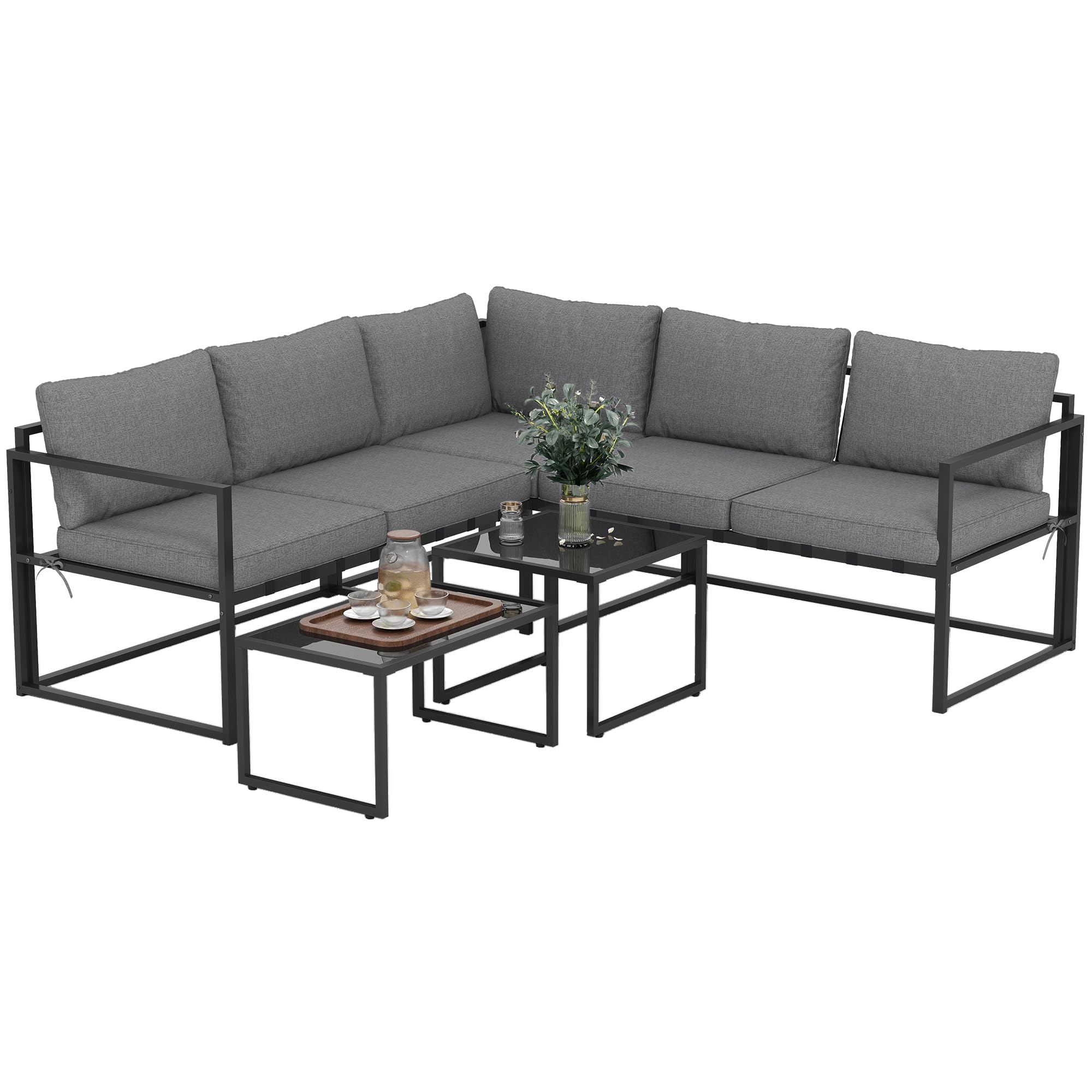 Outsunny Soggiorno da giardino esterno angolare 4 pezzi con divano a 3 posti e 2 posti, 2 tavolini estraibili in vetro temperato, cuscini inclusi, veranda grigio