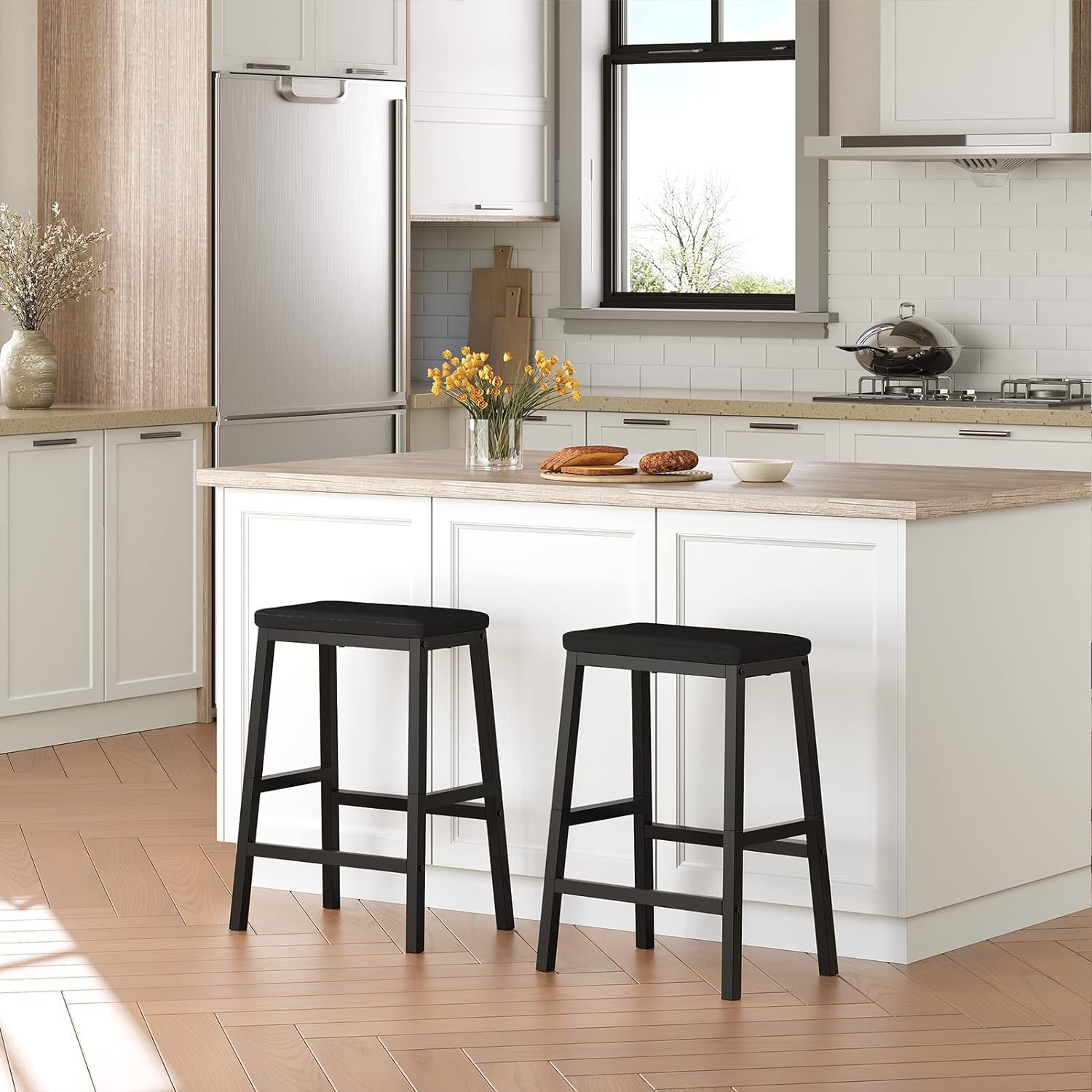 Bar Counter Stool Set of 2, 24 inch Metal Frame with Cushion Black Leatherette bar stools, Counter Height stools, Metal Frame Pub Chairs, Modern Kitchen Breakfast Counter Seating,-image-14