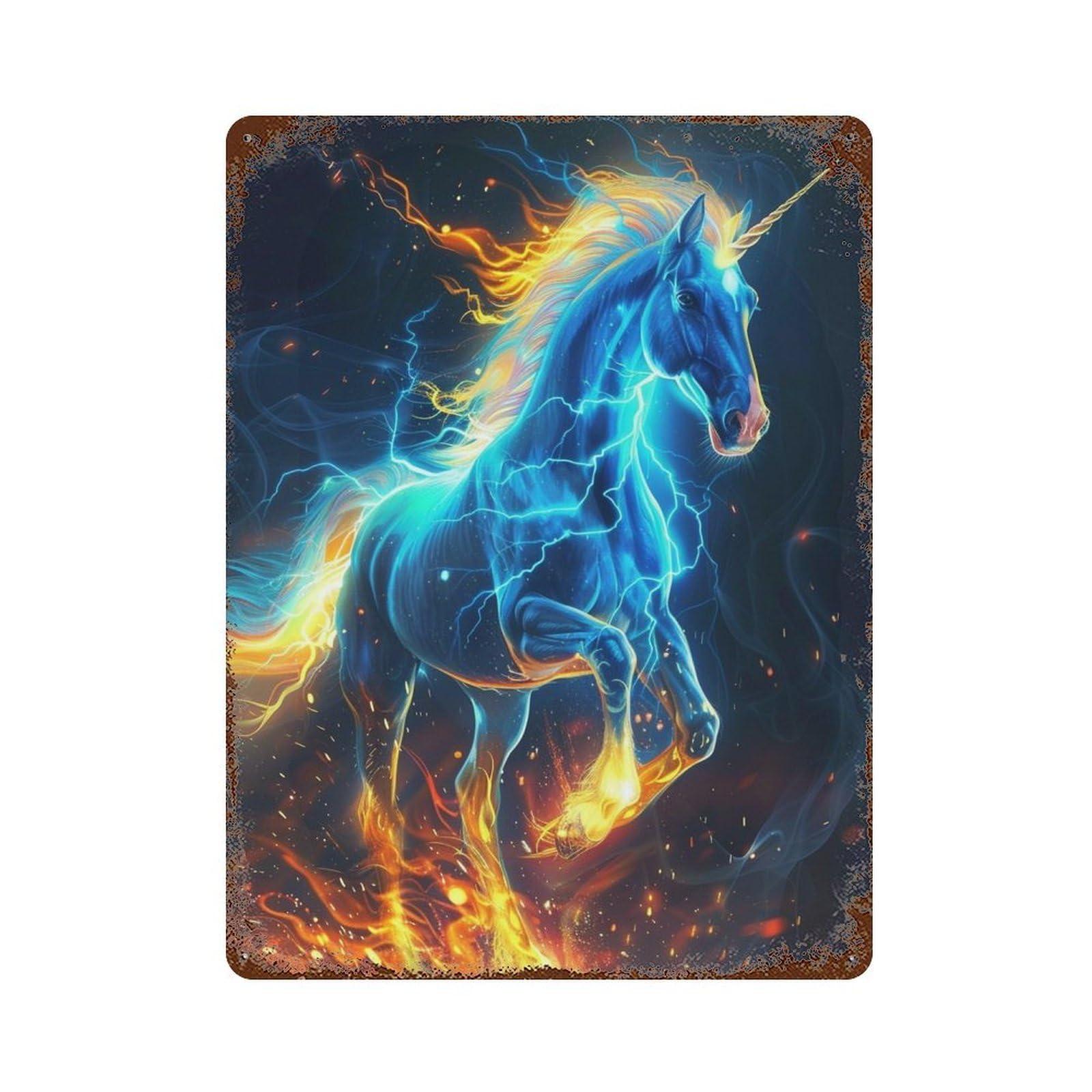 Rust Effect Electric Fire Unicorn Art Print Rustic Tin Plaque 15.7"x11.8", Shabby Chic Decor for Basement, Hobby Room And Garage Decor