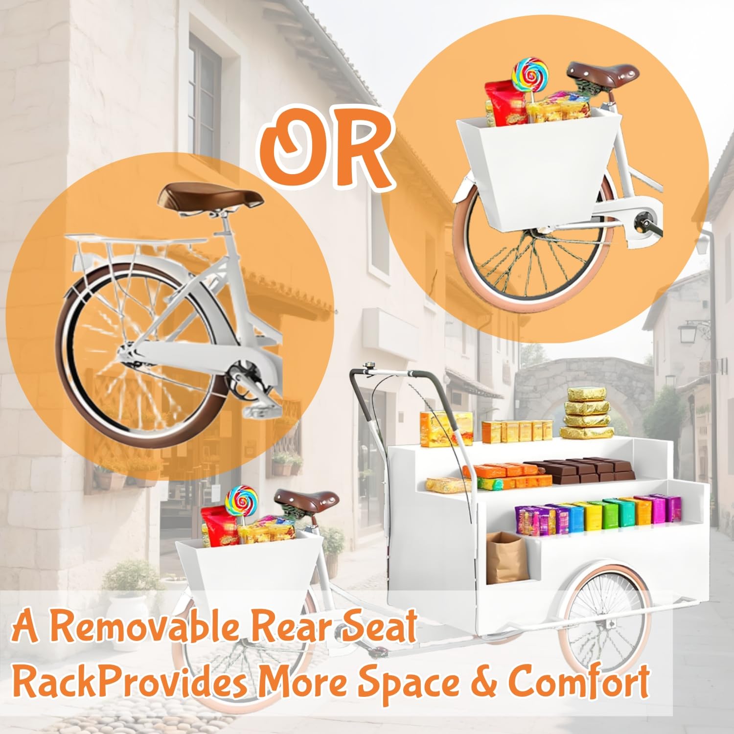Triciclo para Venta de Comida, Carrito Grande para Comida, carritos de Hierro para Venta de Comida, Remolque Comercial para Flores, Juguetes, Bebidas, Desayuno,Negro