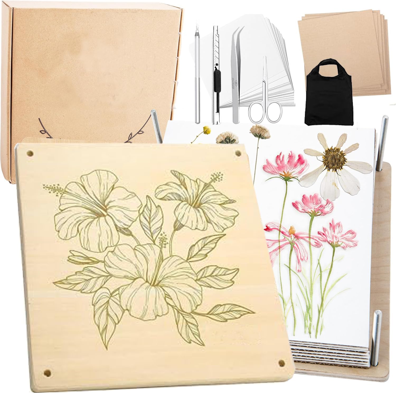 Prensa de flores grande para adultos y niños, 11x11 pulgadas (28x28cm), kit de prensado de flores de madera de 10 capas con bolsa de almacenamiento, kit de prensa de madera DIY, regalo para amantes de