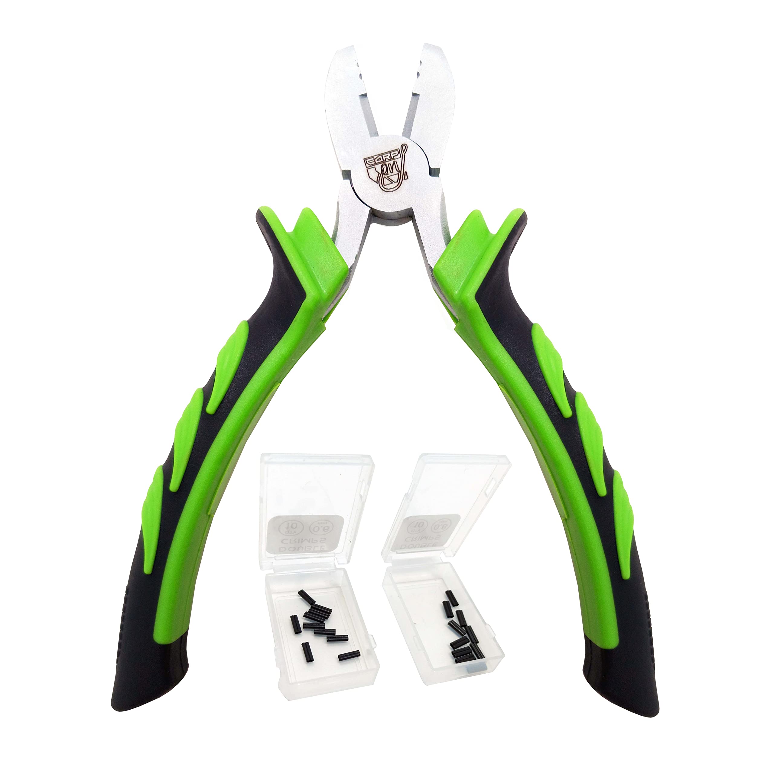 Carp On Green & Black - Fishing Crimp Plier Tool Set Includes 5 Inch Pliers With Nickel Jaws & 2 Sizes Of Double Crimps - Terminal Tackle For Making Carp Rigs [28-0007]