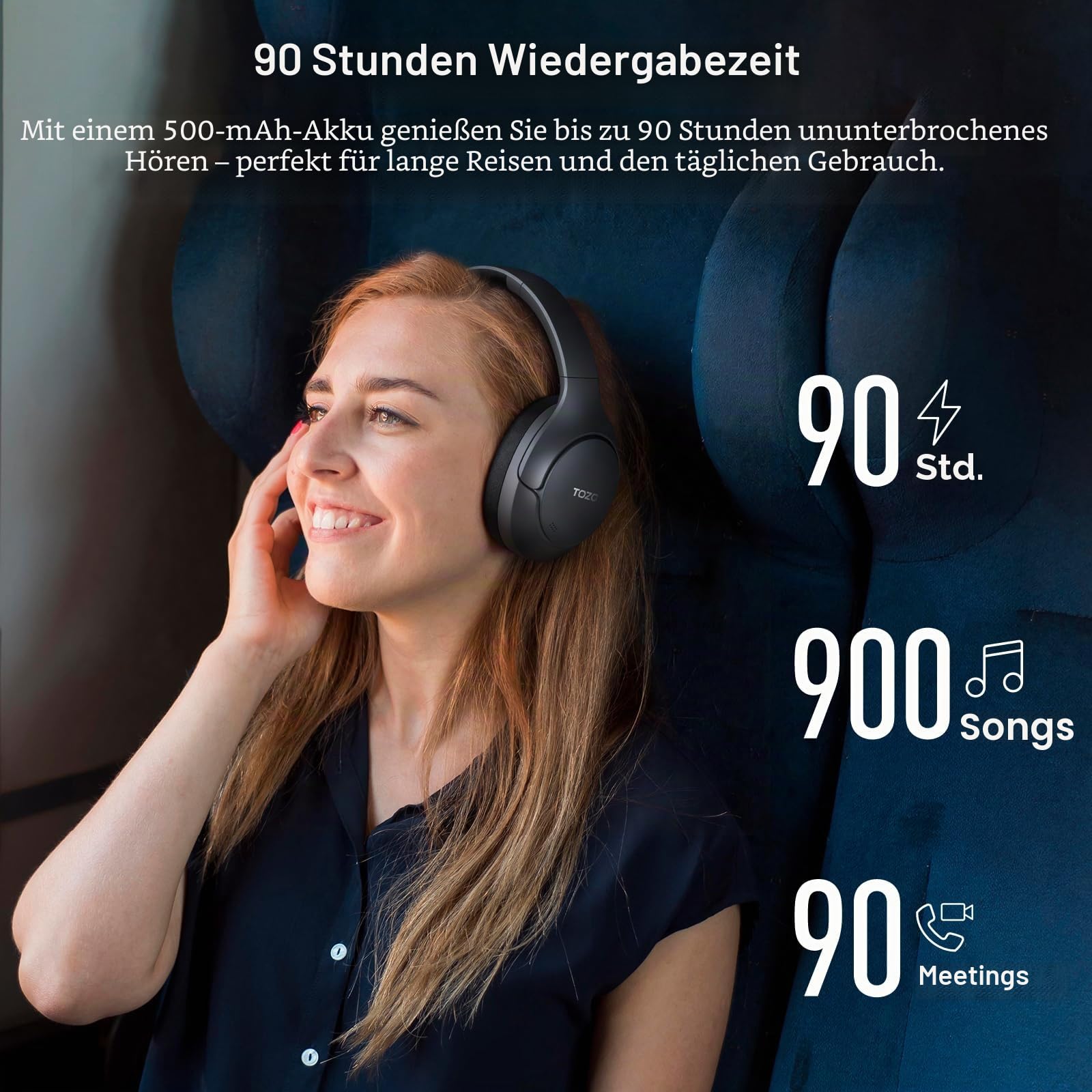 TOZO HT3 Hybrid ANC Over-Ear Kopfhörer Kabellos Bluetooth Hi-Res Audio | 90 Std. Akku, 5 Mikrofone mit KI-ENC, Transparenzmodus, Dual-Geräte-Verbindung, 32 EQ Modi, Spatial Audio, Low-Latency