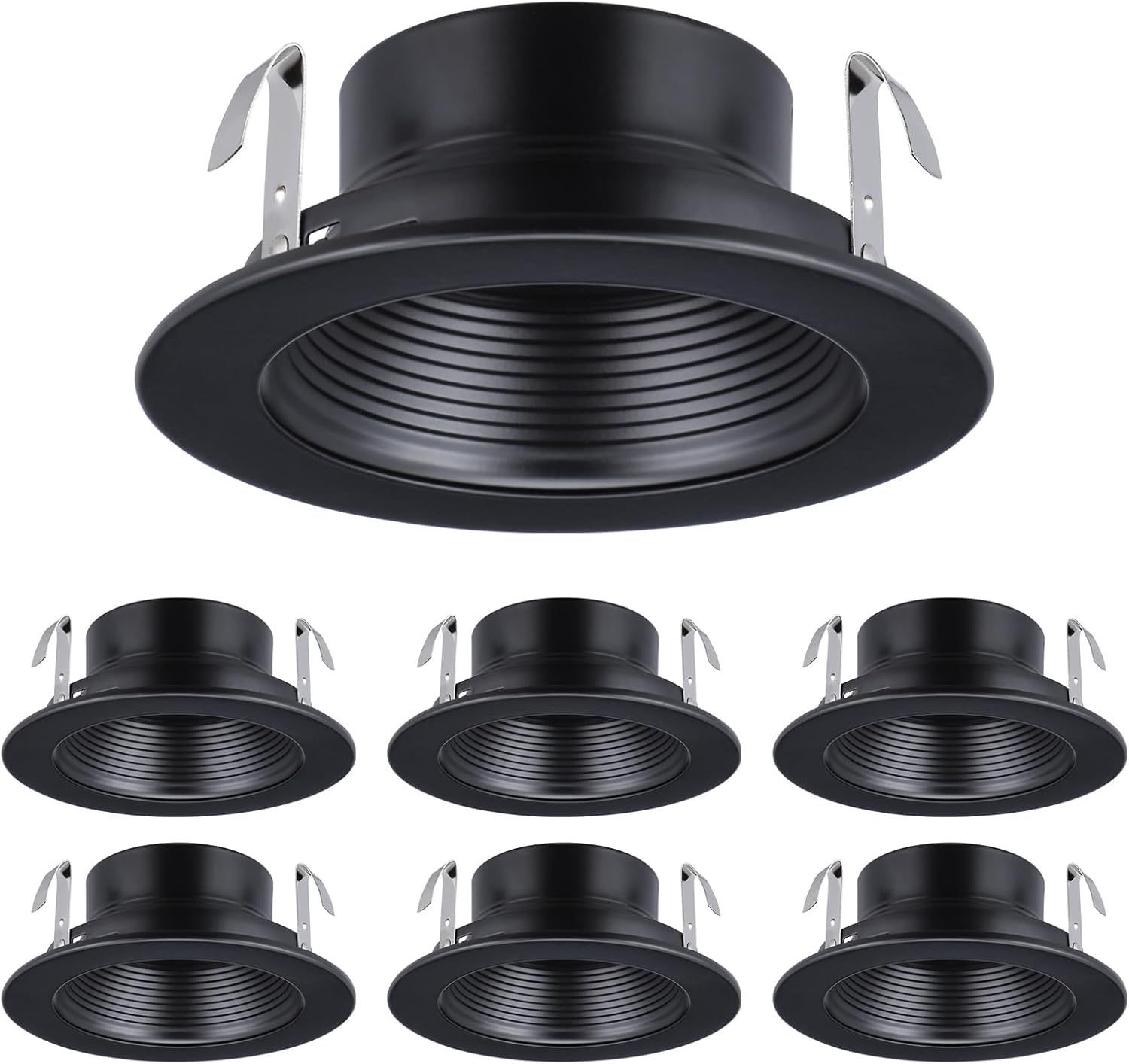 TORCHSTAR 4 Inch Recessed Light Black Baffle Trim with Ring, Full Metal, Ceiling Can Light Trim for 4 Inch Recessed Can, Fit Halo/Juno Remodel Recessed Housing, Pack of 6