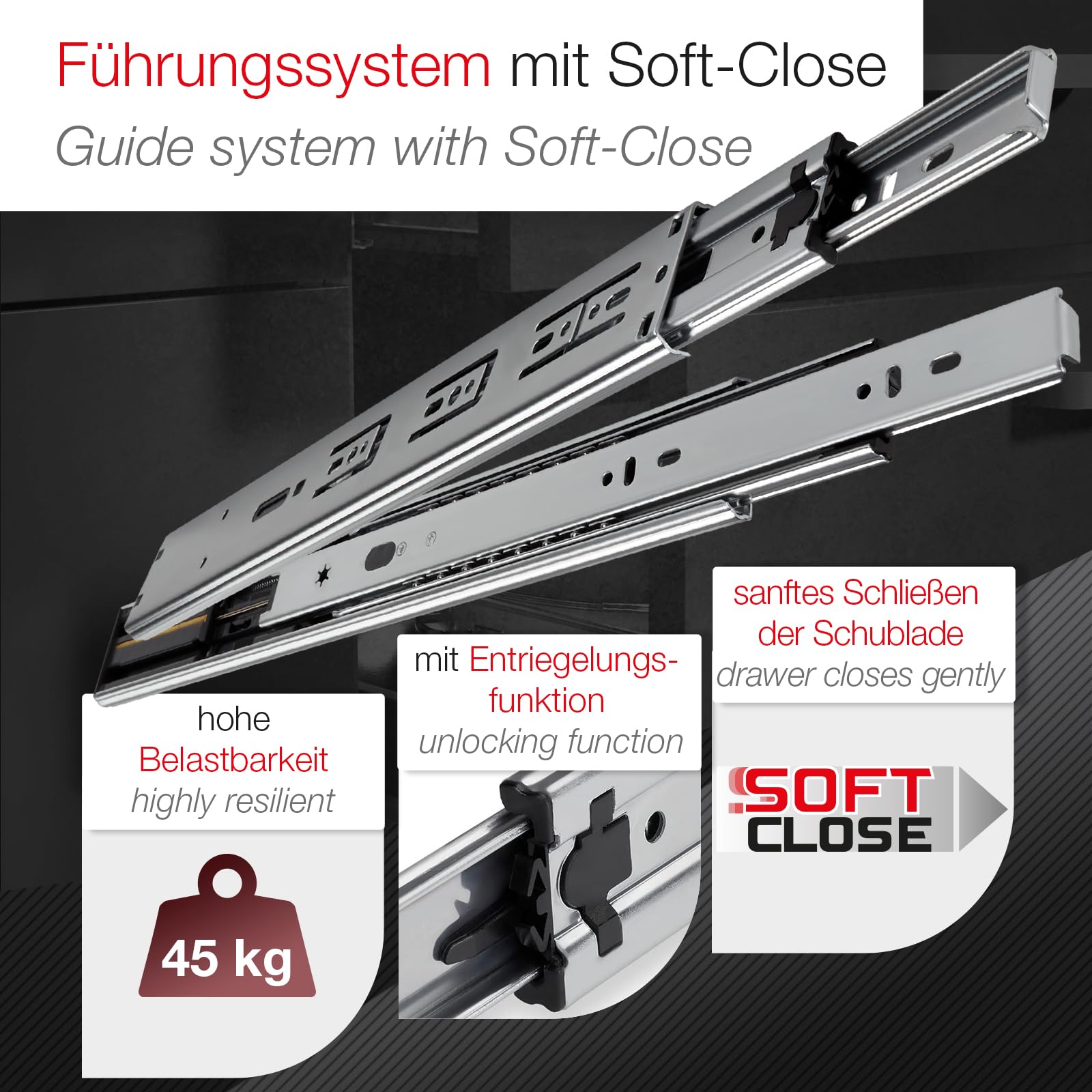 Junker KV1-45-H45-L550-SC Vollauszüge 550 mm Selbsteinzug SoftClose 45 kg