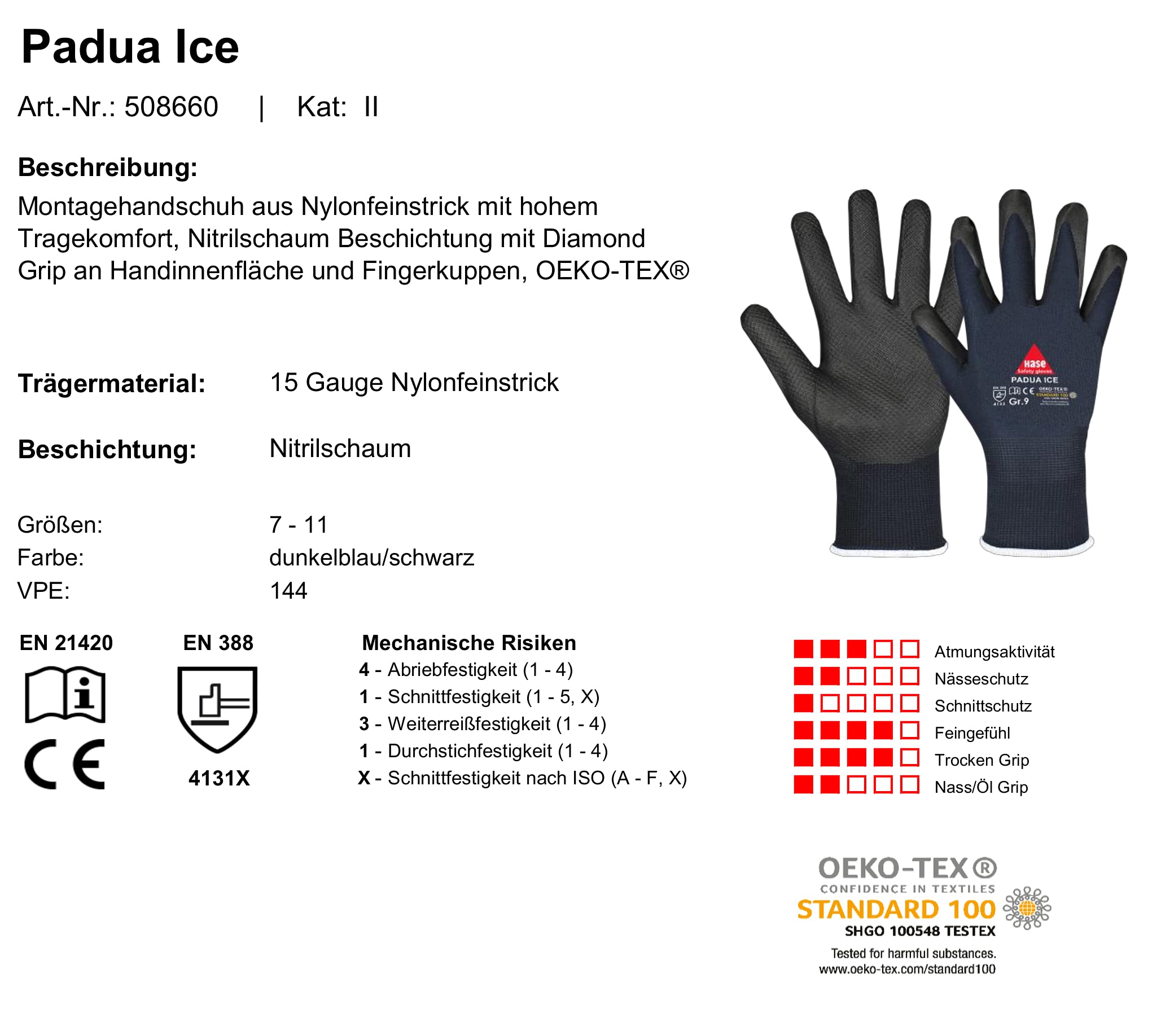 Padua Ice - Guantes de trabajo (nailon, espuma de nitrilo con agarre Diamond Grip, talla 7-11, categoría II, EN 388, certificado Öko-Tex 10, 50 pares)