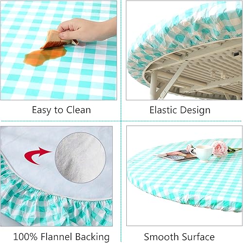 Miniatura 3 de Mantel rectangular elástico ajustable de 45 a 56 pulgadas, mantel de vinilo impermeable a prueba de derrames, estampado a cuadros grises con franela