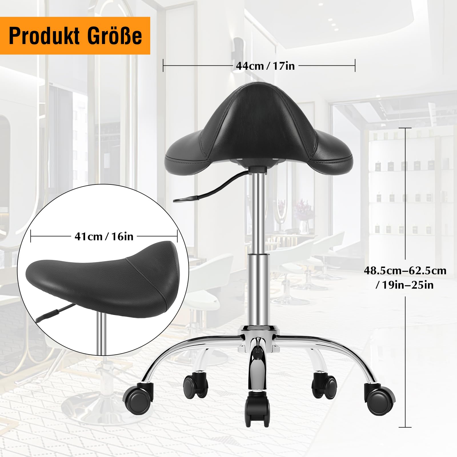 Sattelhocker，hocker mit rollen，hocker höhenverstellbar zur Linderung von Rückenschmerzen（48.5-62.5cm）Rollhocker mit dickem Kissen，Sattelhocker mit rollen für Salon Spa Zahnarzt Büro (Schwarz)