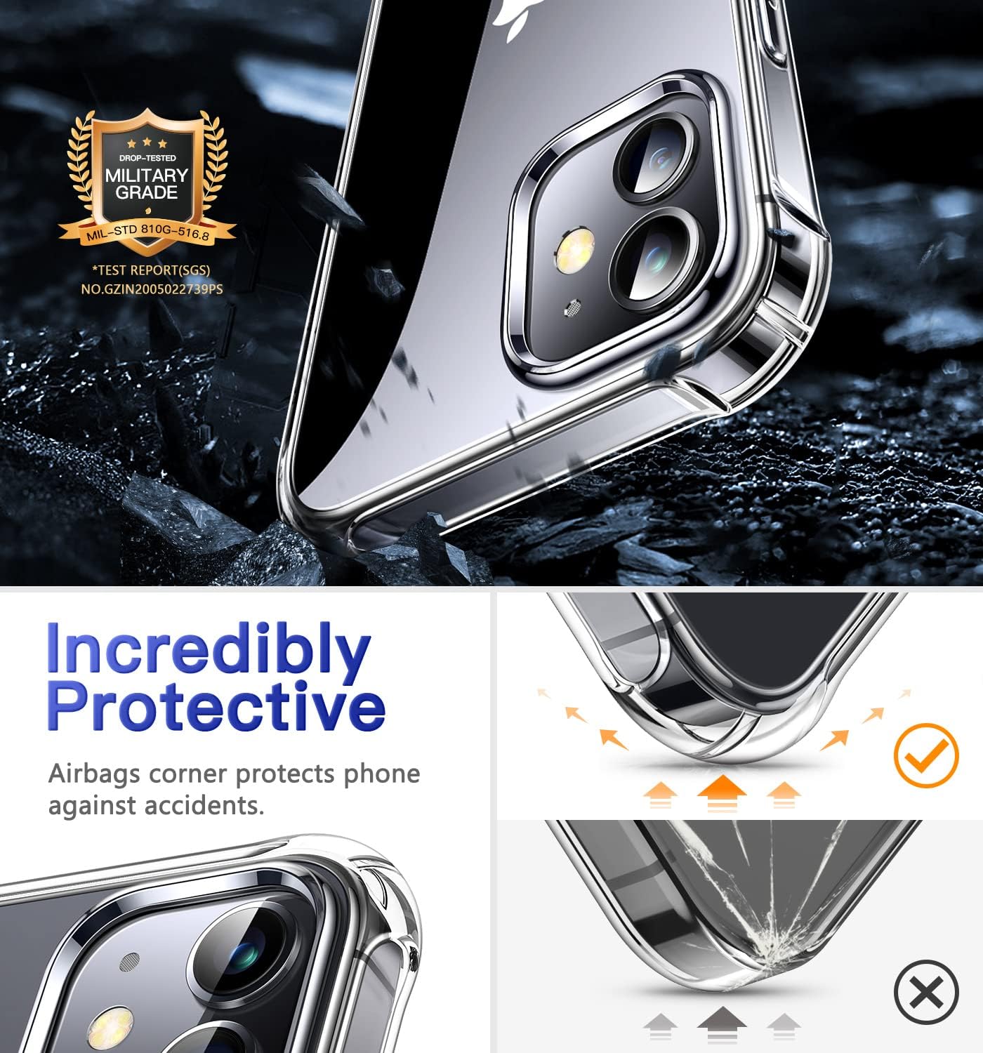 CANSHN Compatible with iPhone 12 Mini 5.4'' 2020, Clear Protective [Military Grade Drop Test] [Slim Thin] Case with 4 Reinforced Soft TPU Bumpers - Clear