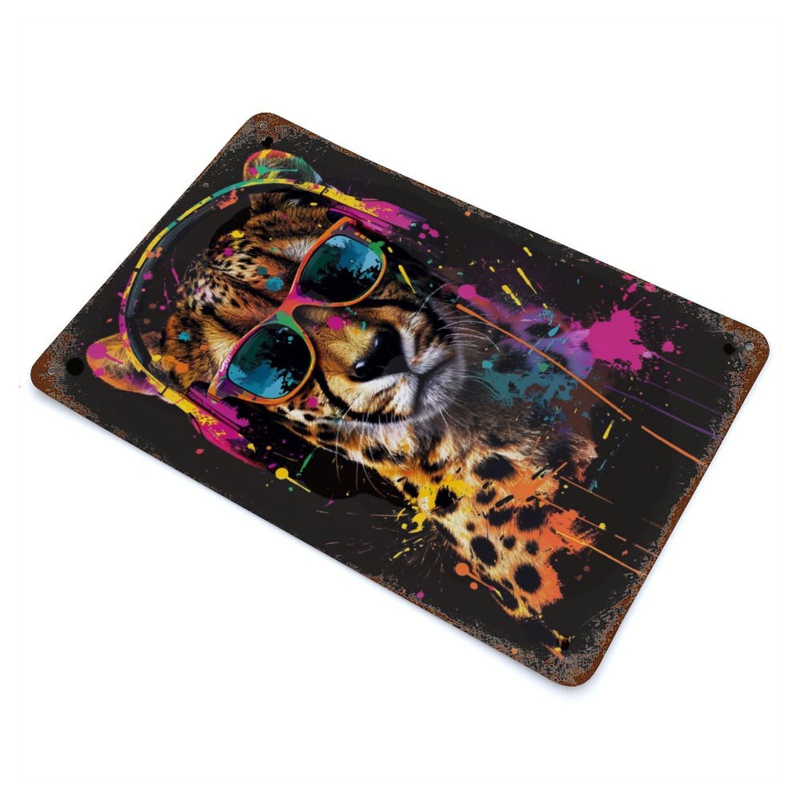 Garage Style Cheetah Colorful Rust Effect Tin Sign 11.8"x7.9", Classic Wall Plaque for Bar And Workshop