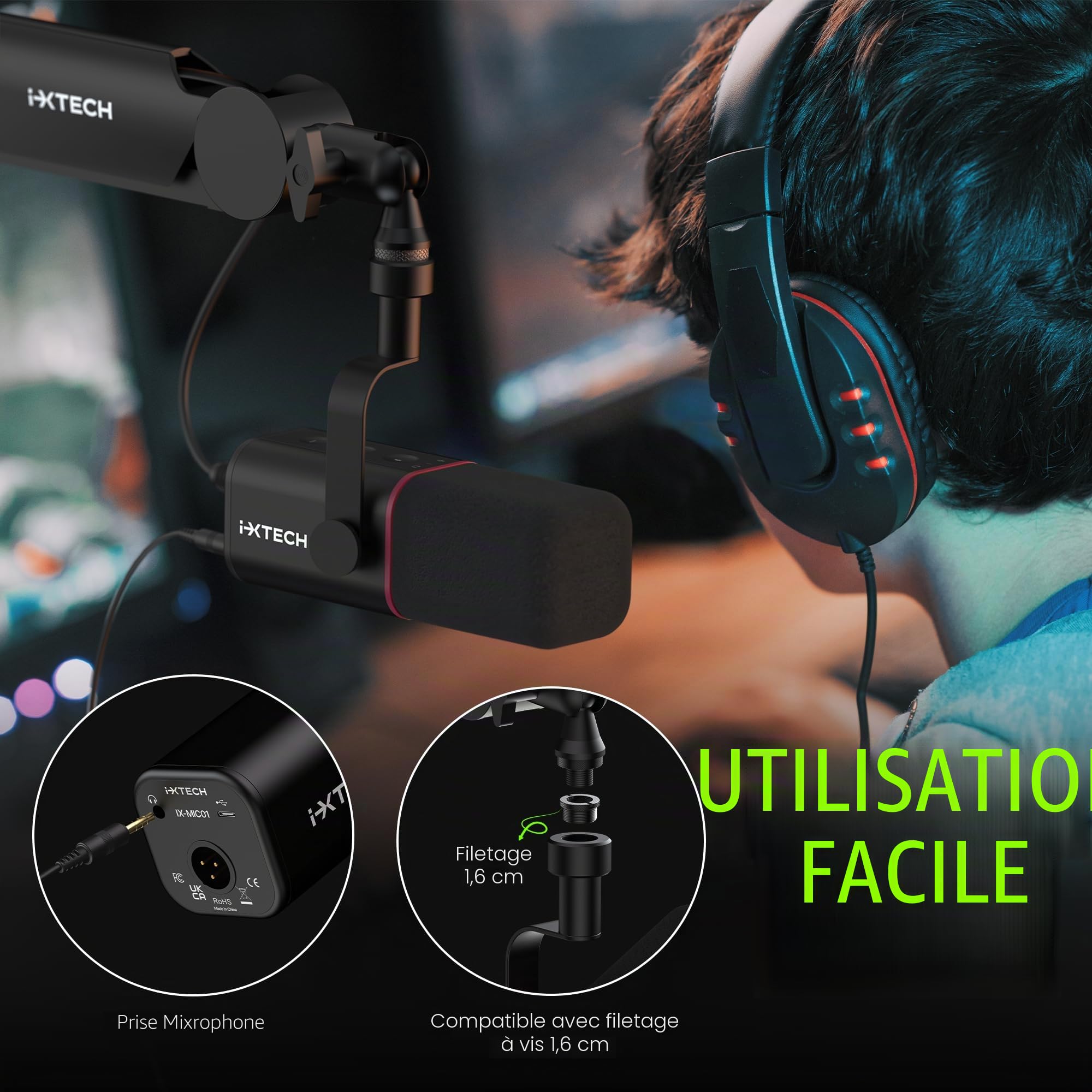 IXTECH Microphone Dynamique cardioïde avec Cache-Micro, Microphone Vocal USB XLR pour podcasting, Streaming, Enregistrement, Jeux et Voix Off (Noir)